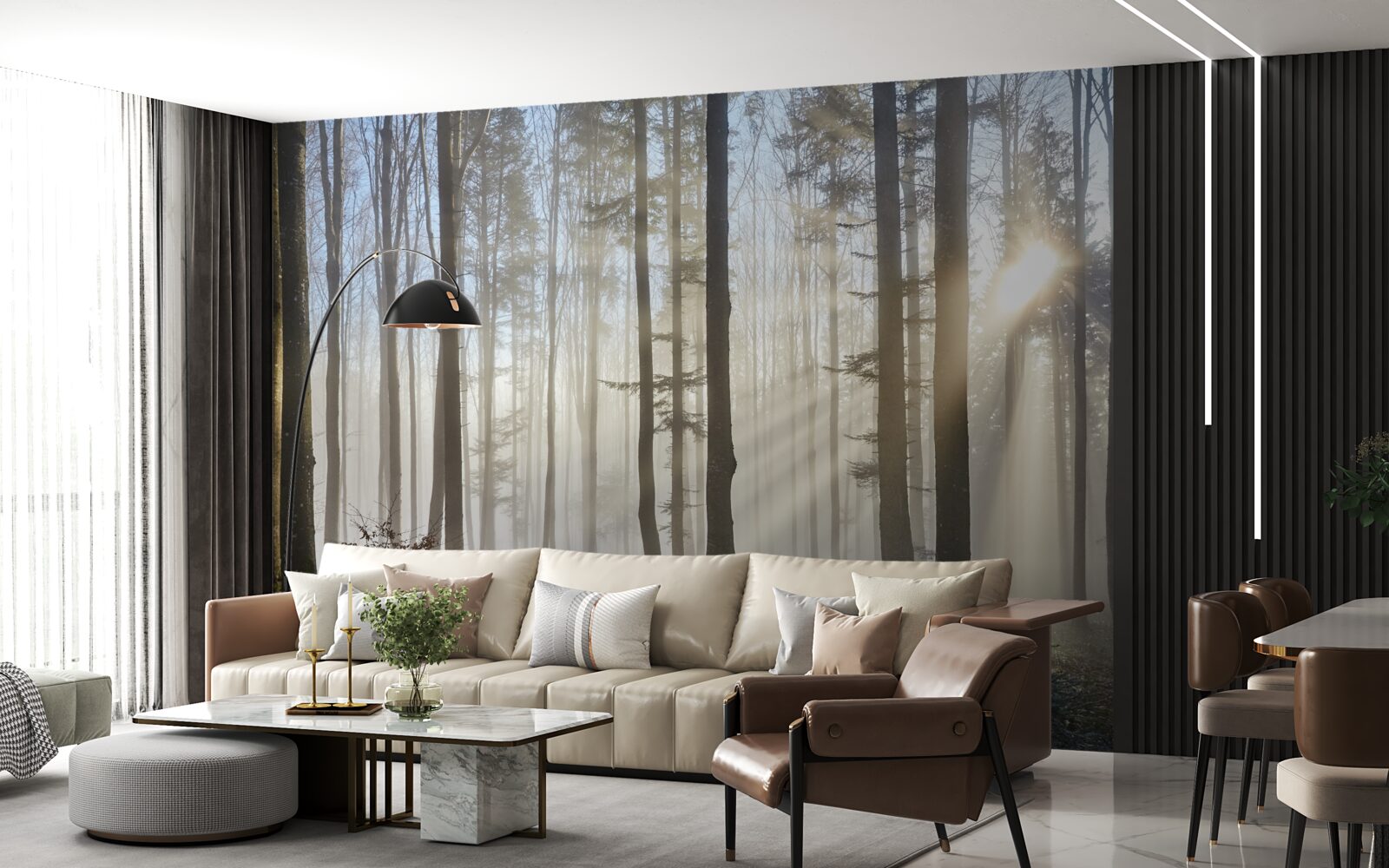 Fototapet razele soarelui străpung ceața într-un tufiș de copaci