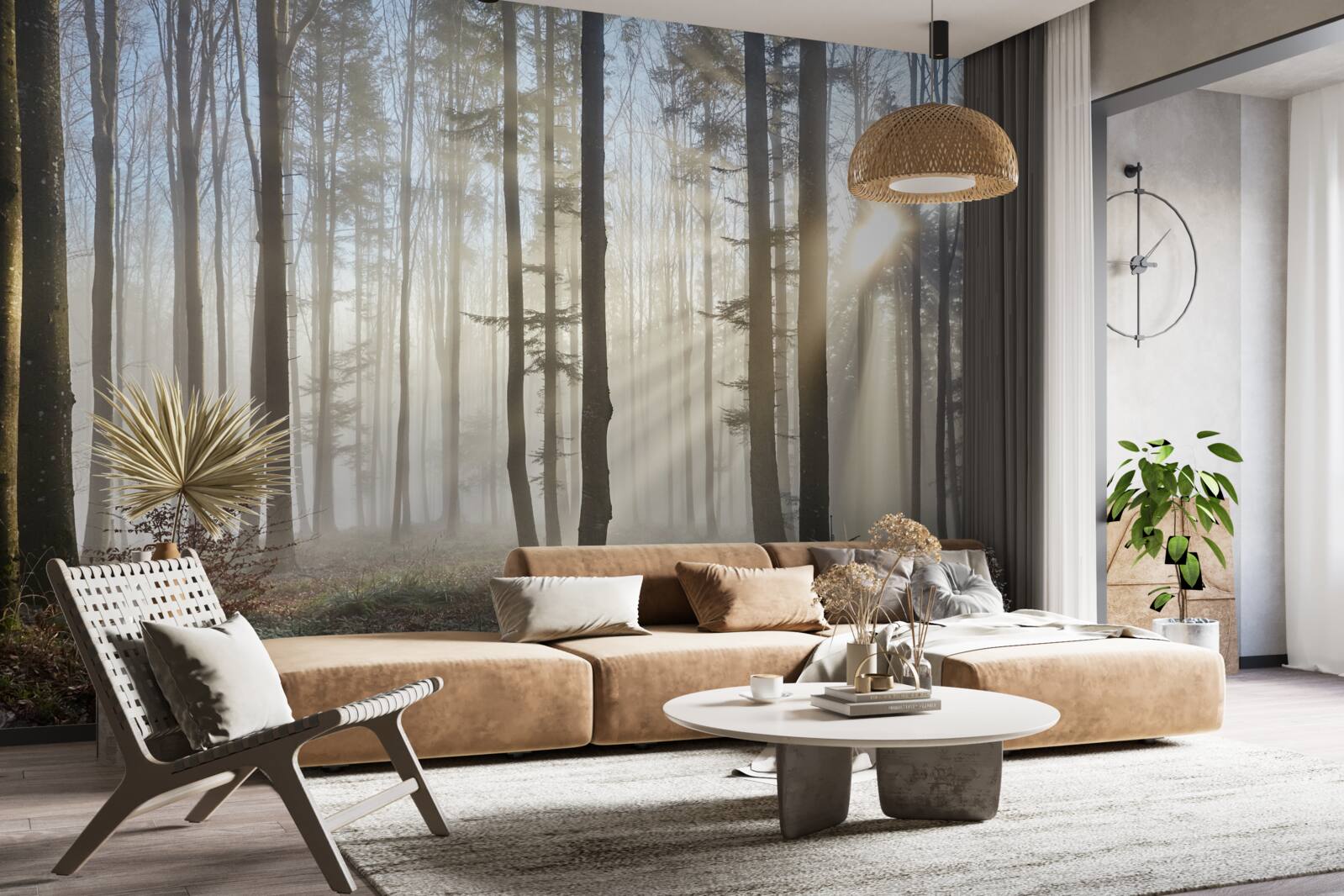 Fototapet razele soarelui străpung ceața într-un tufiș de copaci