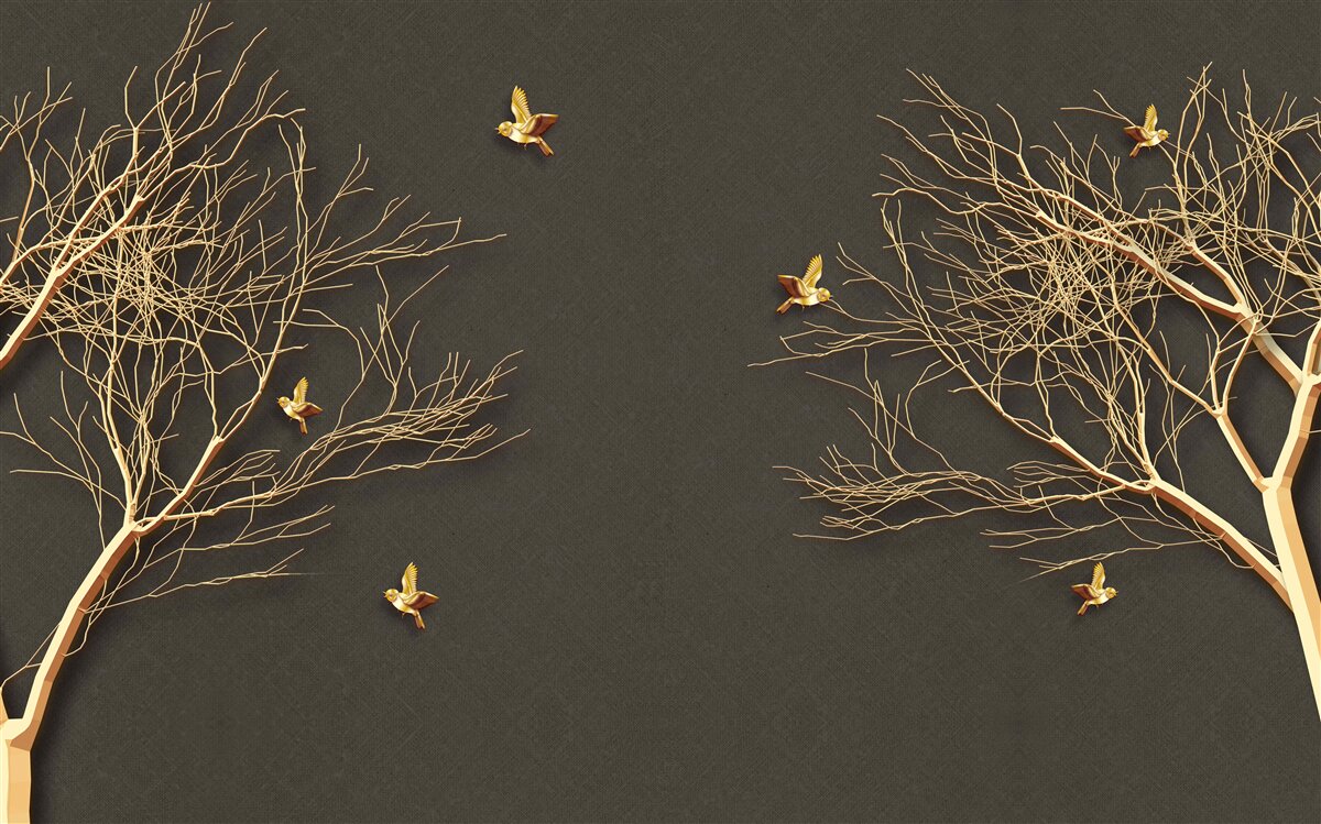 Fototapet copaci aurii și fluturi pe cerul întunecat al nopții