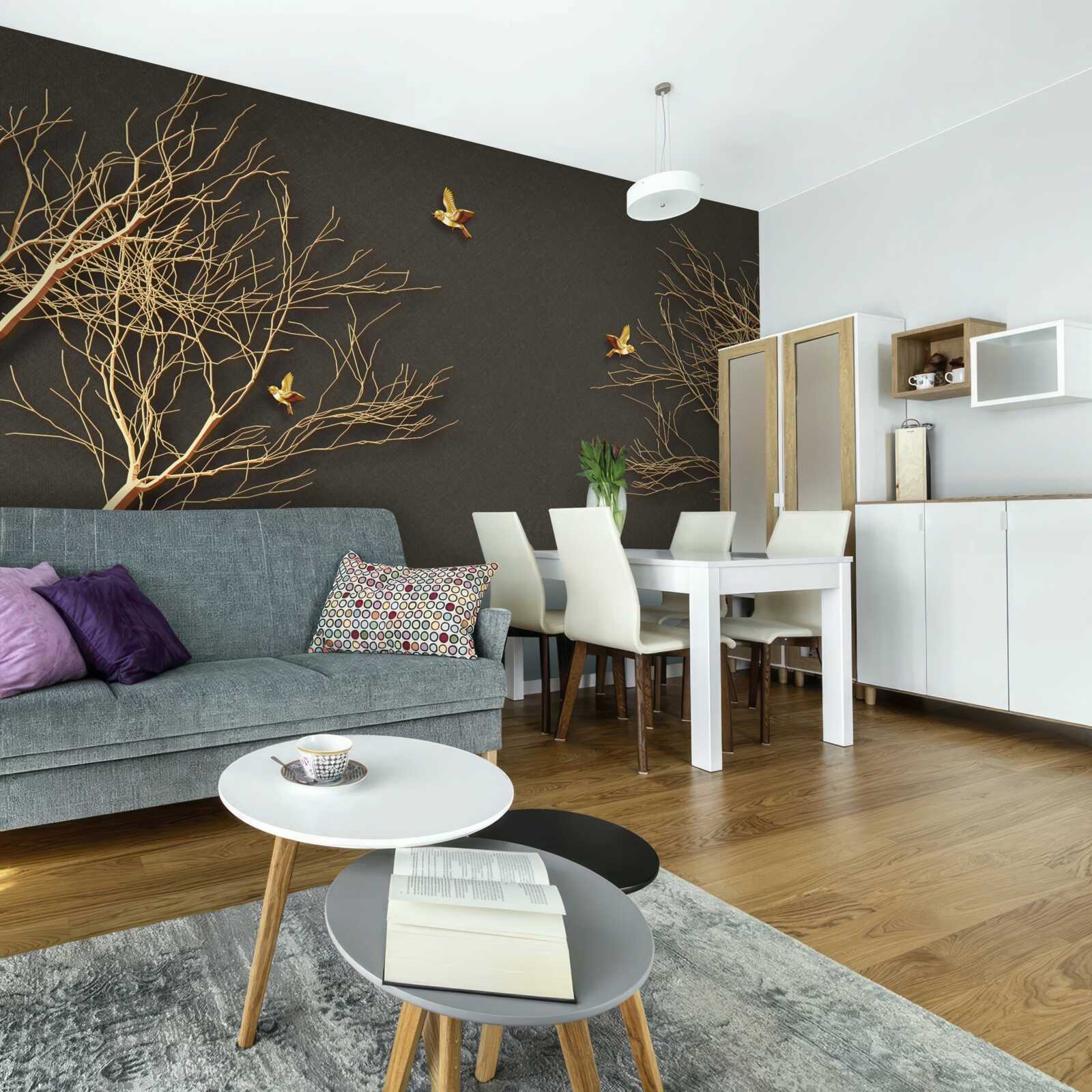 Fototapet copaci aurii și fluturi pe cerul întunecat al nopții