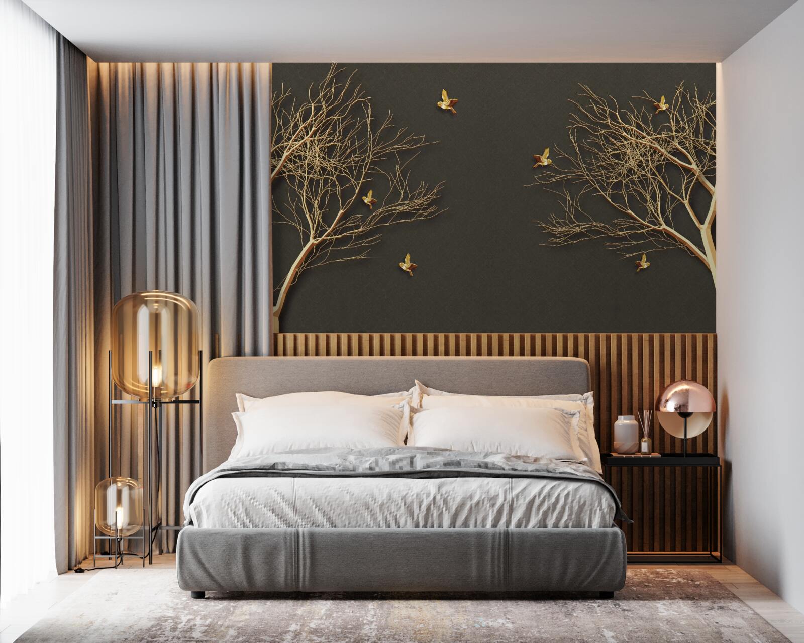 Fototapet copaci aurii și fluturi pe cerul întunecat al nopții