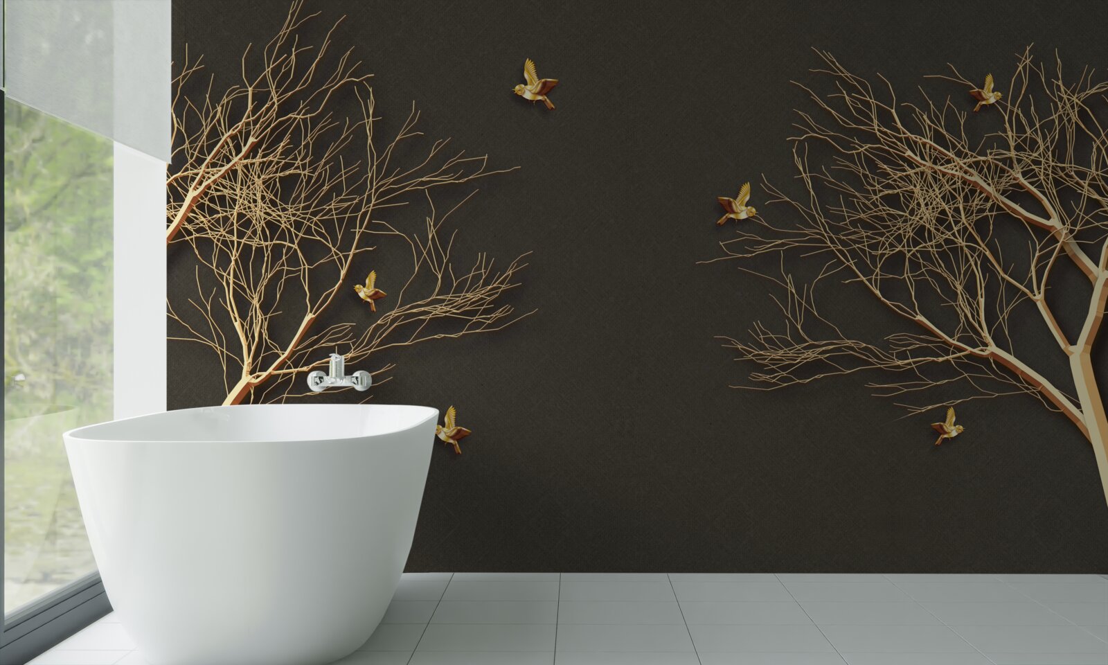 Fototapet copaci aurii și fluturi pe cerul întunecat al nopții