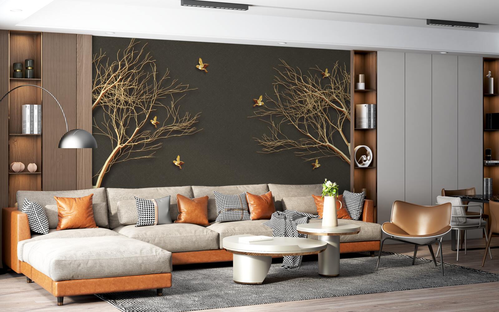 Fototapet copaci aurii și fluturi pe cerul întunecat al nopții