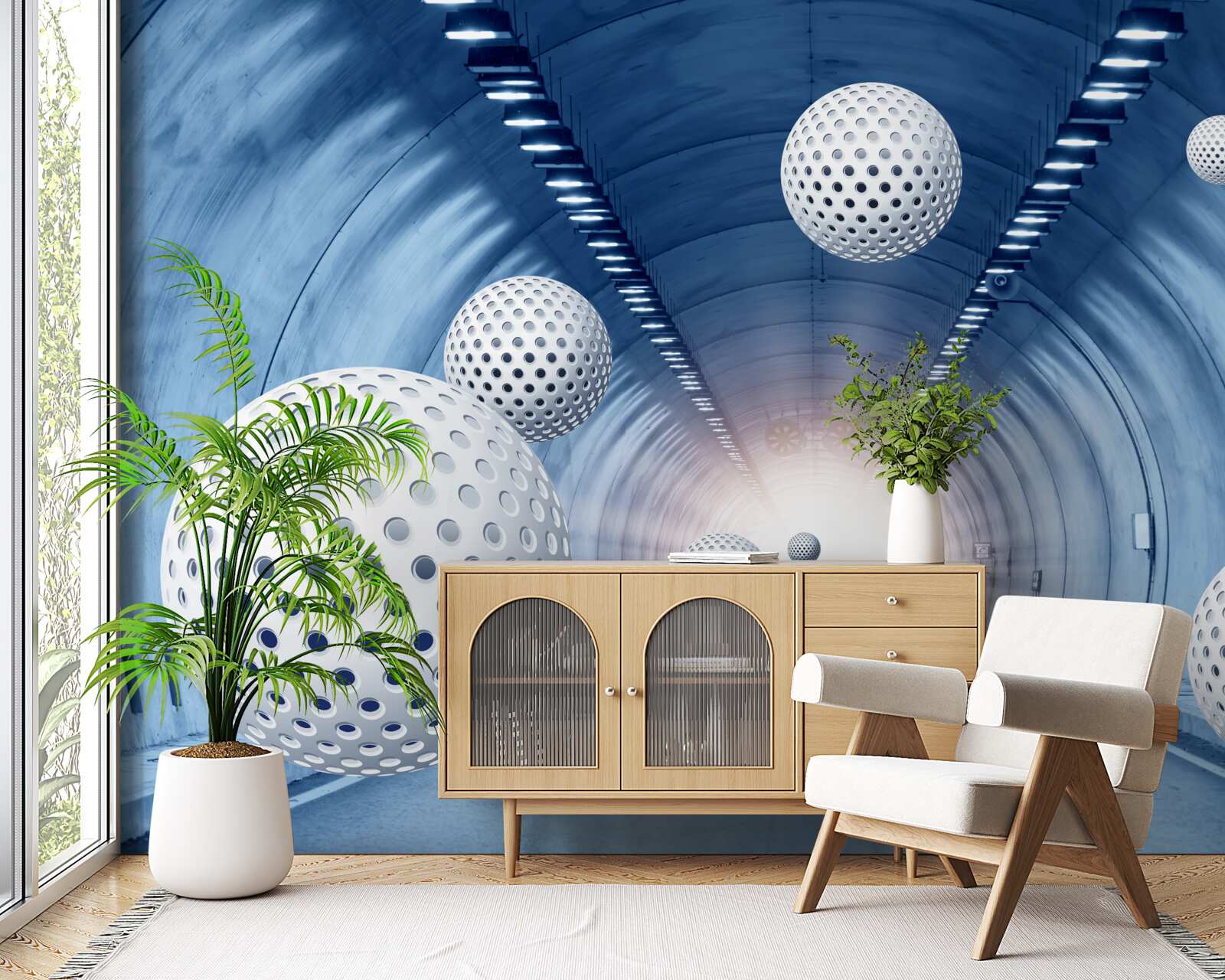 Fototapet tranziție albastră și bile albe