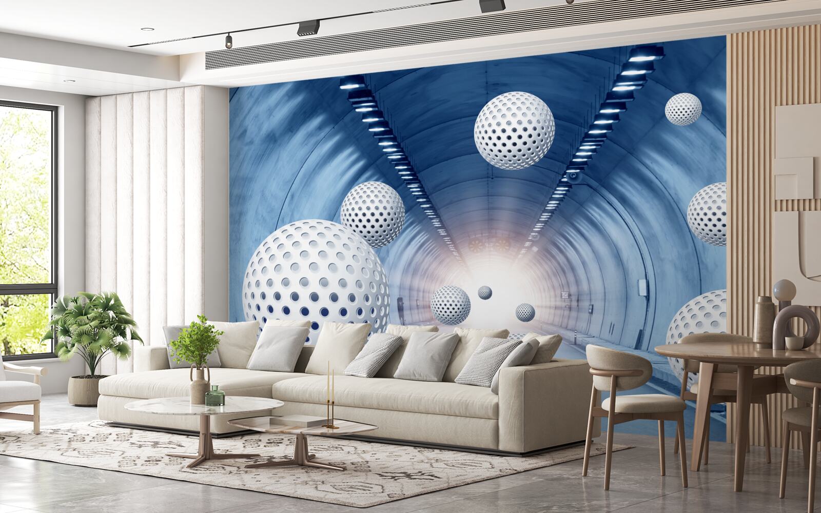 Fototapet tranziție albastră și bile albe