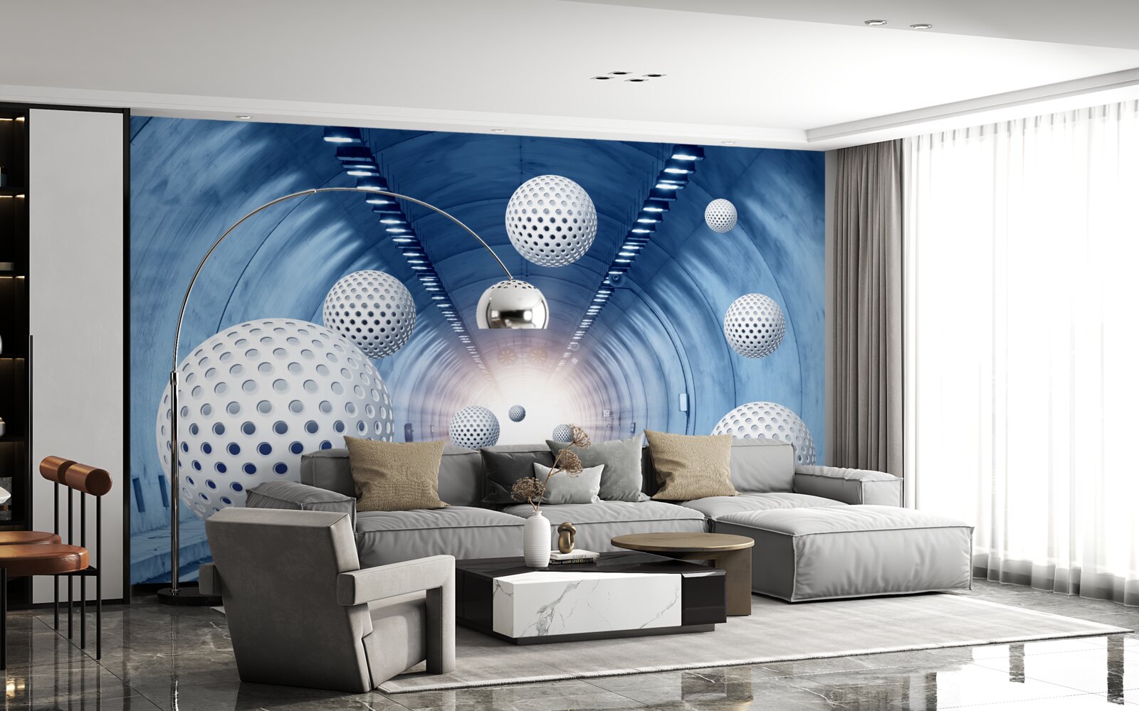 Fototapet tranziție albastră și bile albe
