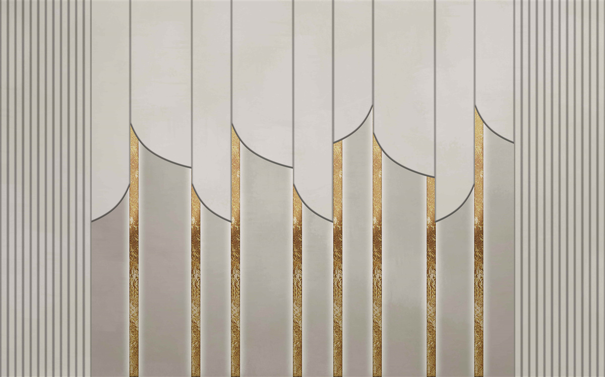 Fototapet parchet decorat cu aur, format din panouri de lemn albe și gri