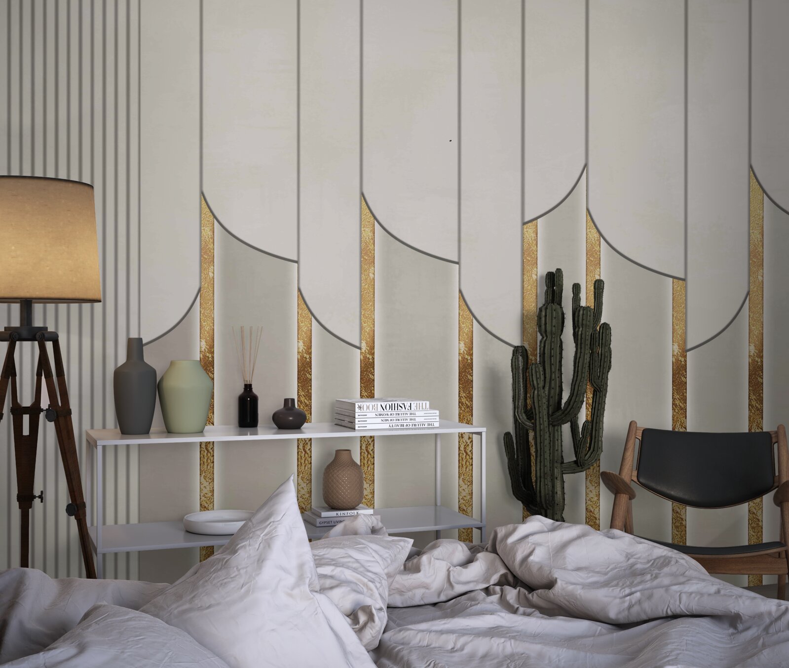 Fototapet parchet decorat cu aur, format din panouri de lemn albe și gri