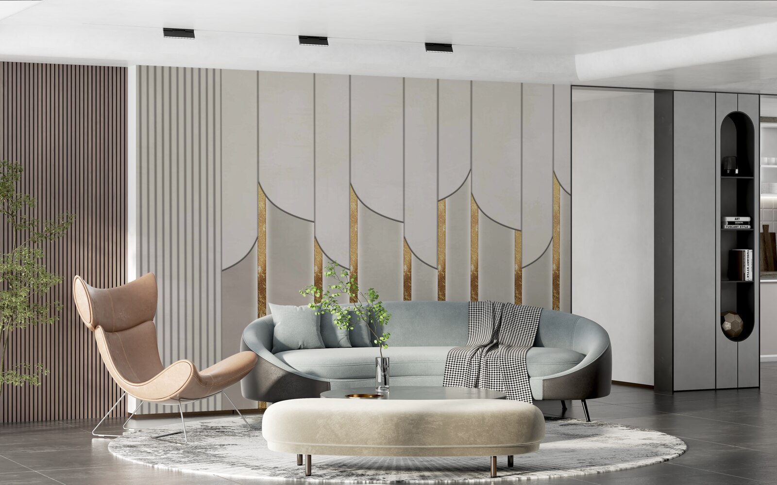 Fototapet parchet decorat cu aur, format din panouri de lemn albe și gri