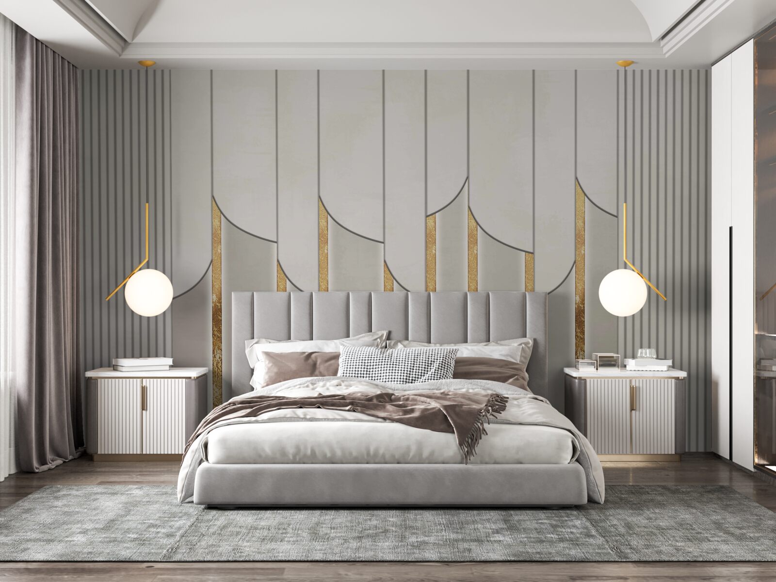 Fototapet parchet decorat cu aur, format din panouri de lemn albe și gri