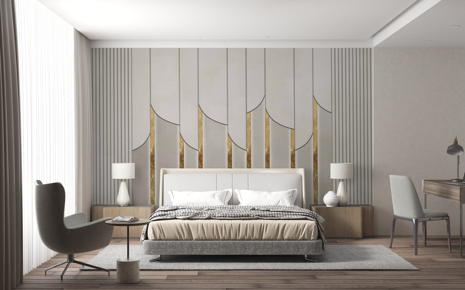 Fototapet parchet decorat cu aur, format din panouri de lemn albe și gri