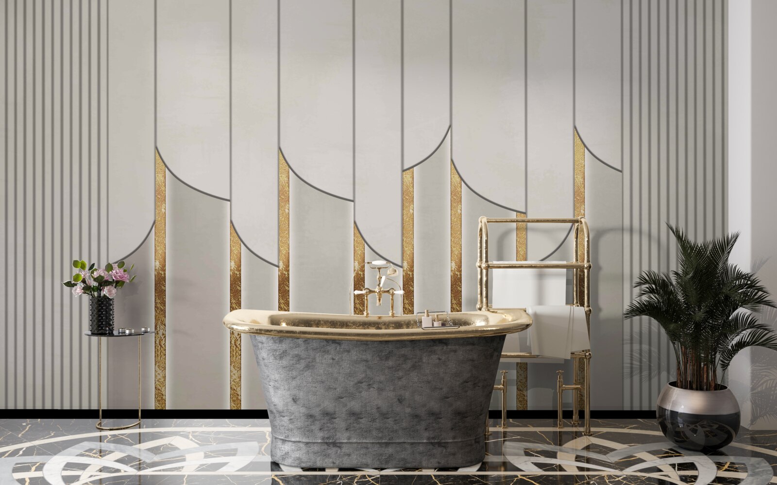 Fototapet parchet decorat cu aur, format din panouri de lemn albe și gri