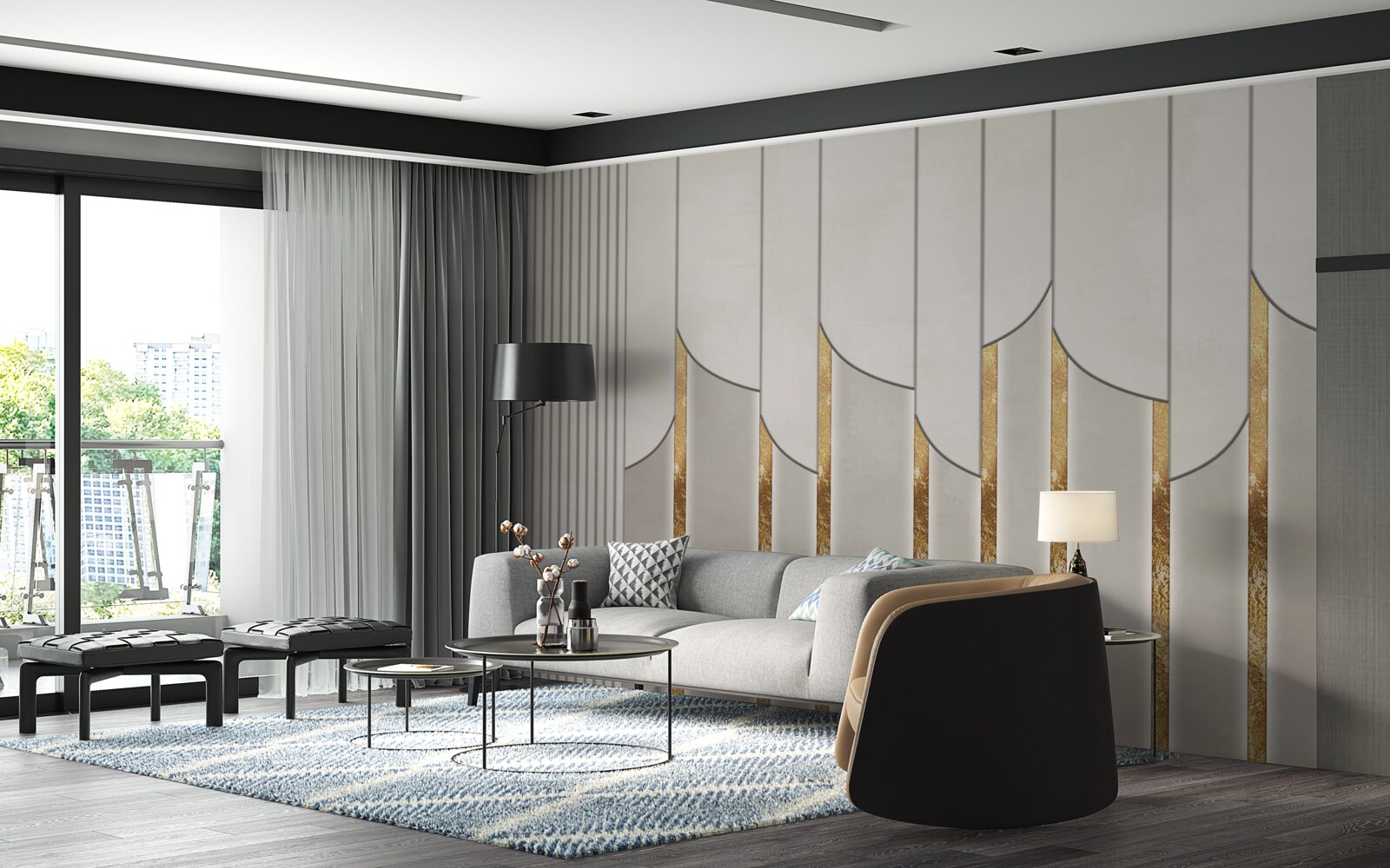 Fototapet parchet decorat cu aur, format din panouri de lemn albe și gri