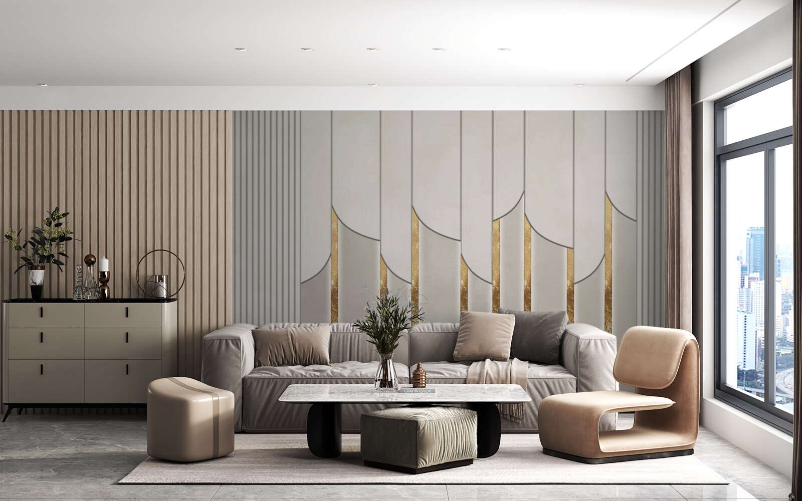 Fototapet parchet decorat cu aur, format din panouri de lemn albe și gri