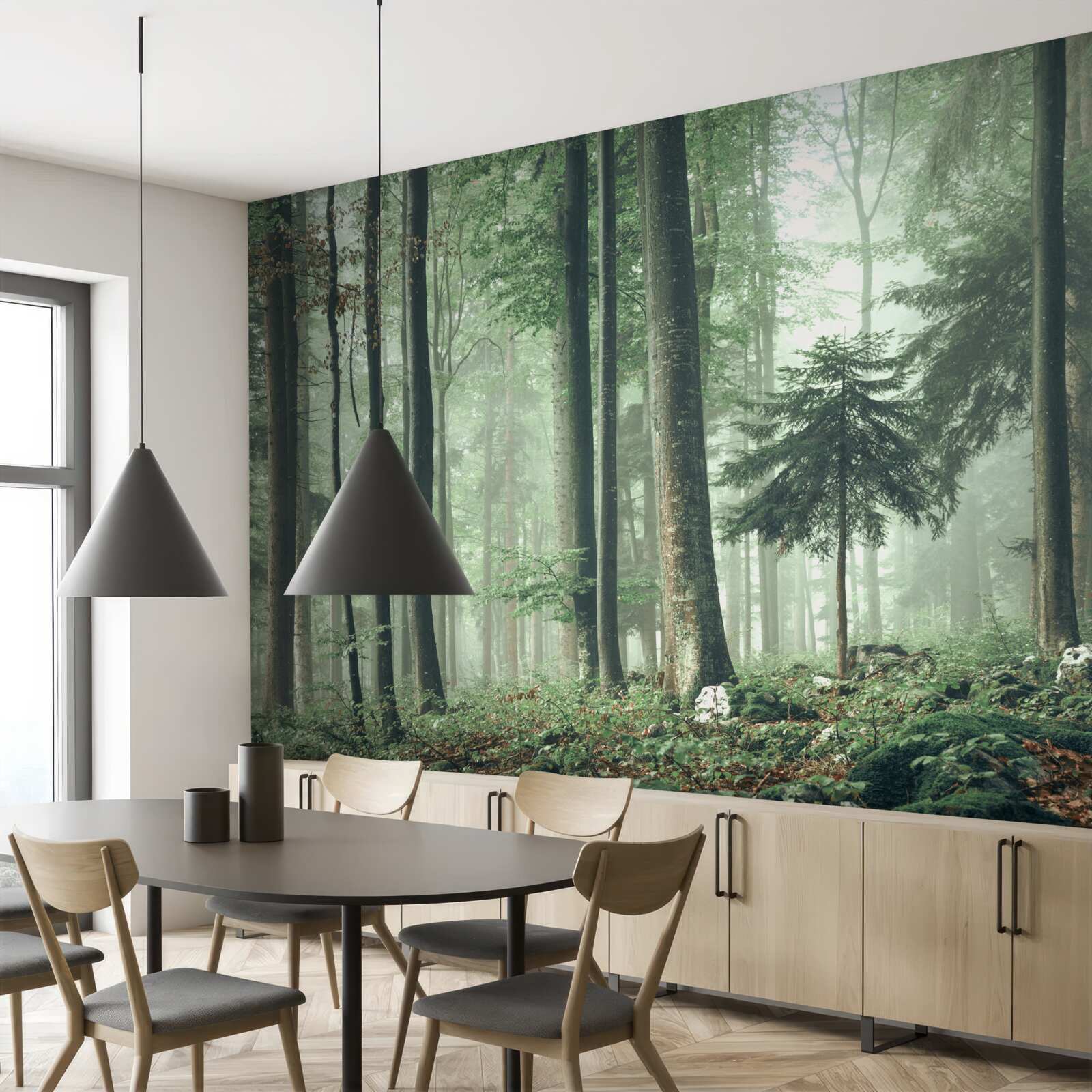 Fototapet Lumină prin ceață într-o pădure de foioase