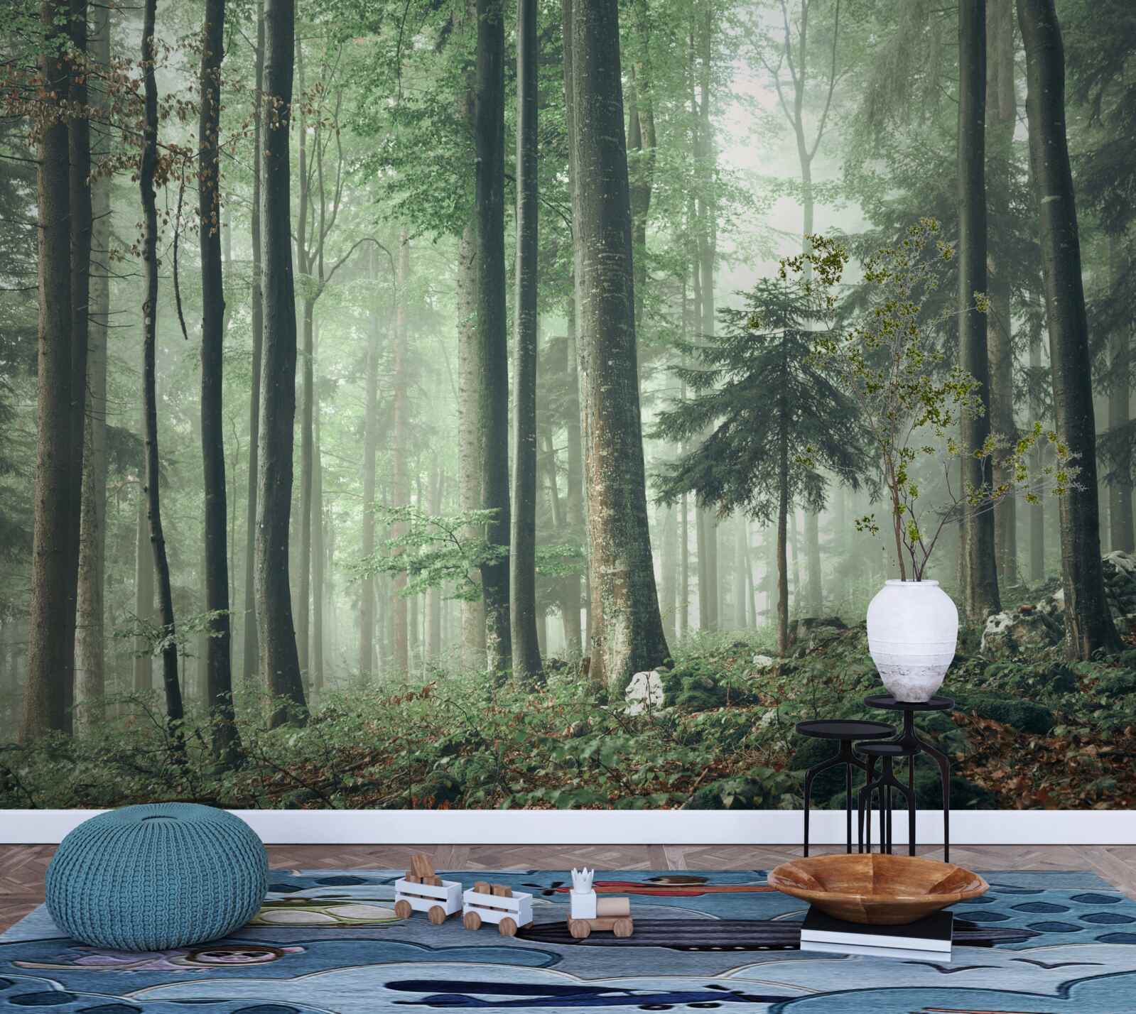 Fototapet Lumină prin ceață într-o pădure de foioase