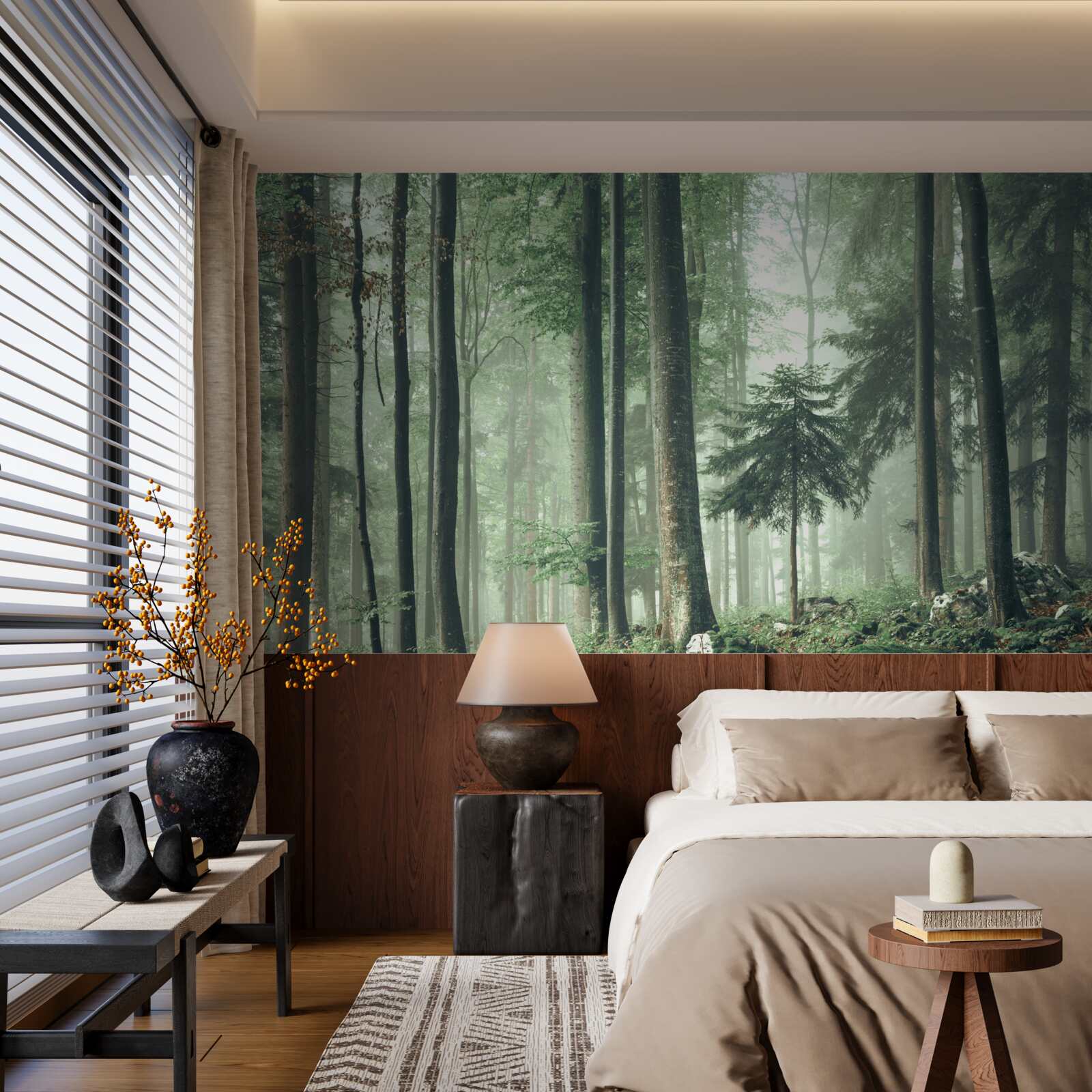 Fototapet Lumină prin ceață într-o pădure de foioase