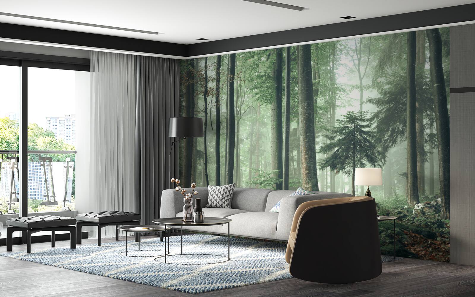 Fototapet Lumină prin ceață într-o pădure de foioase