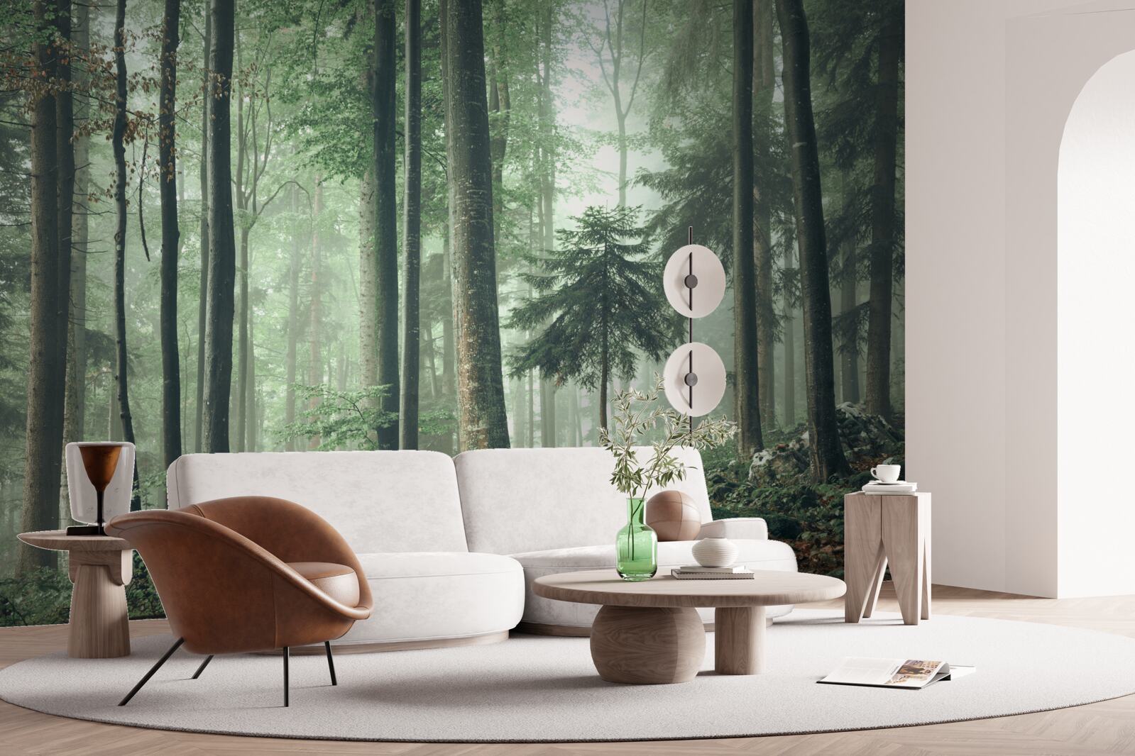 Fototapet Lumină prin ceață într-o pădure de foioase