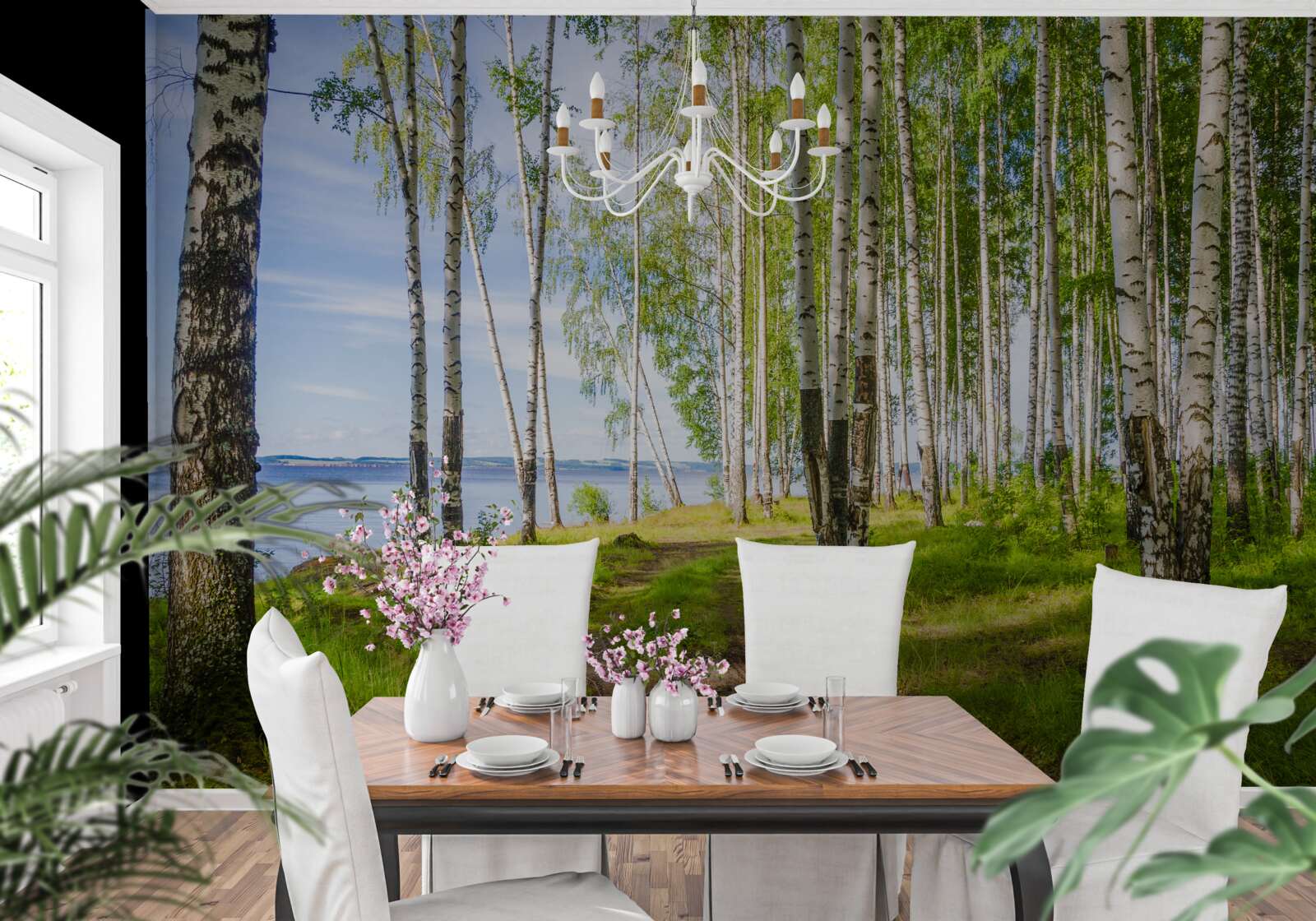 Fototapet poiană cu mesteceni lângă lac, înconjurată de verdeață