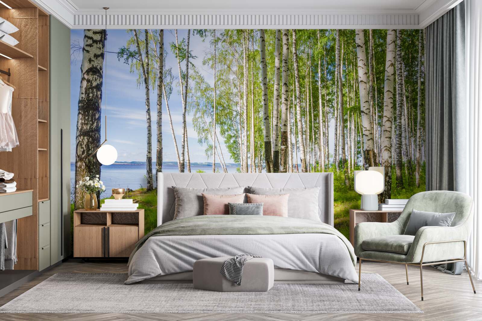 Fototapet poiană cu mesteceni lângă lac, înconjurată de verdeață