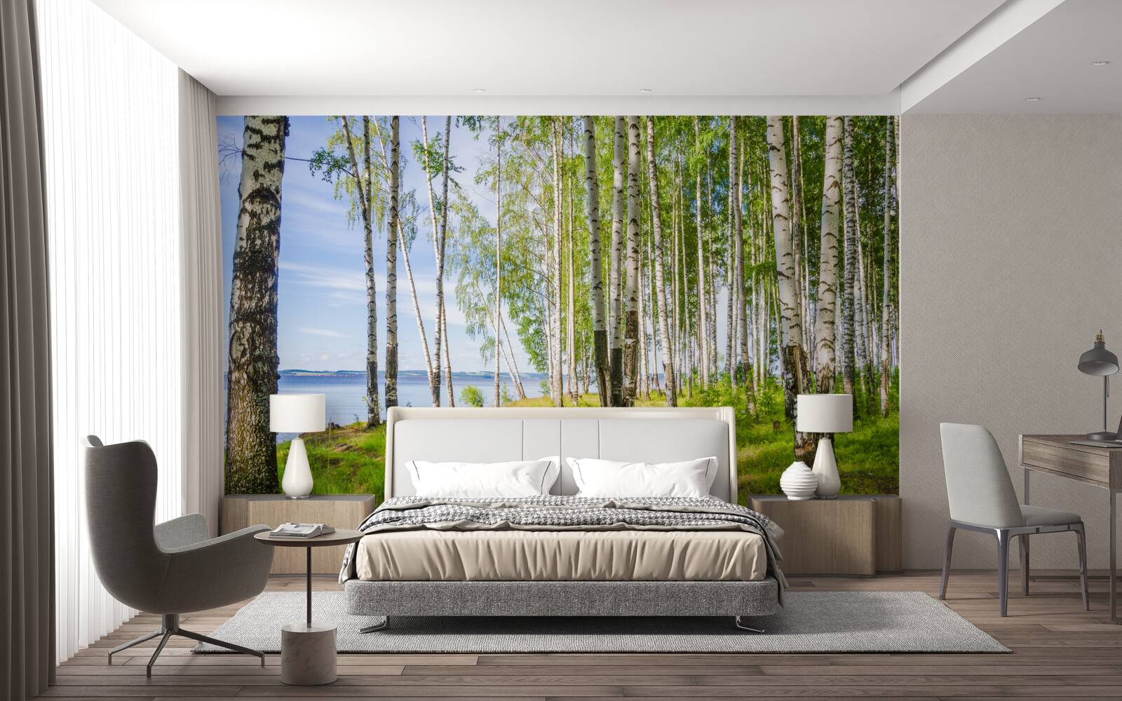 Fototapet poiană cu mesteceni lângă lac, înconjurată de verdeață