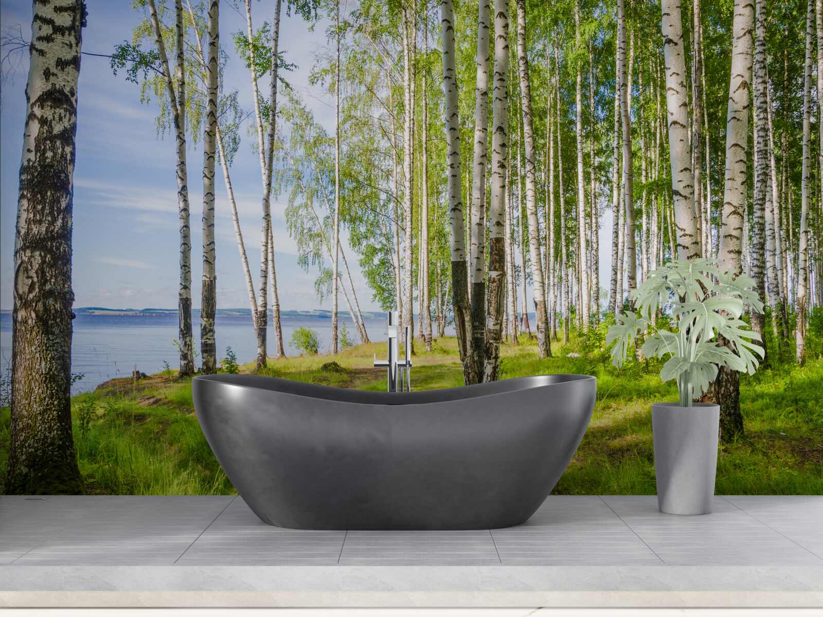 Fototapet poiană cu mesteceni lângă lac, înconjurată de verdeață