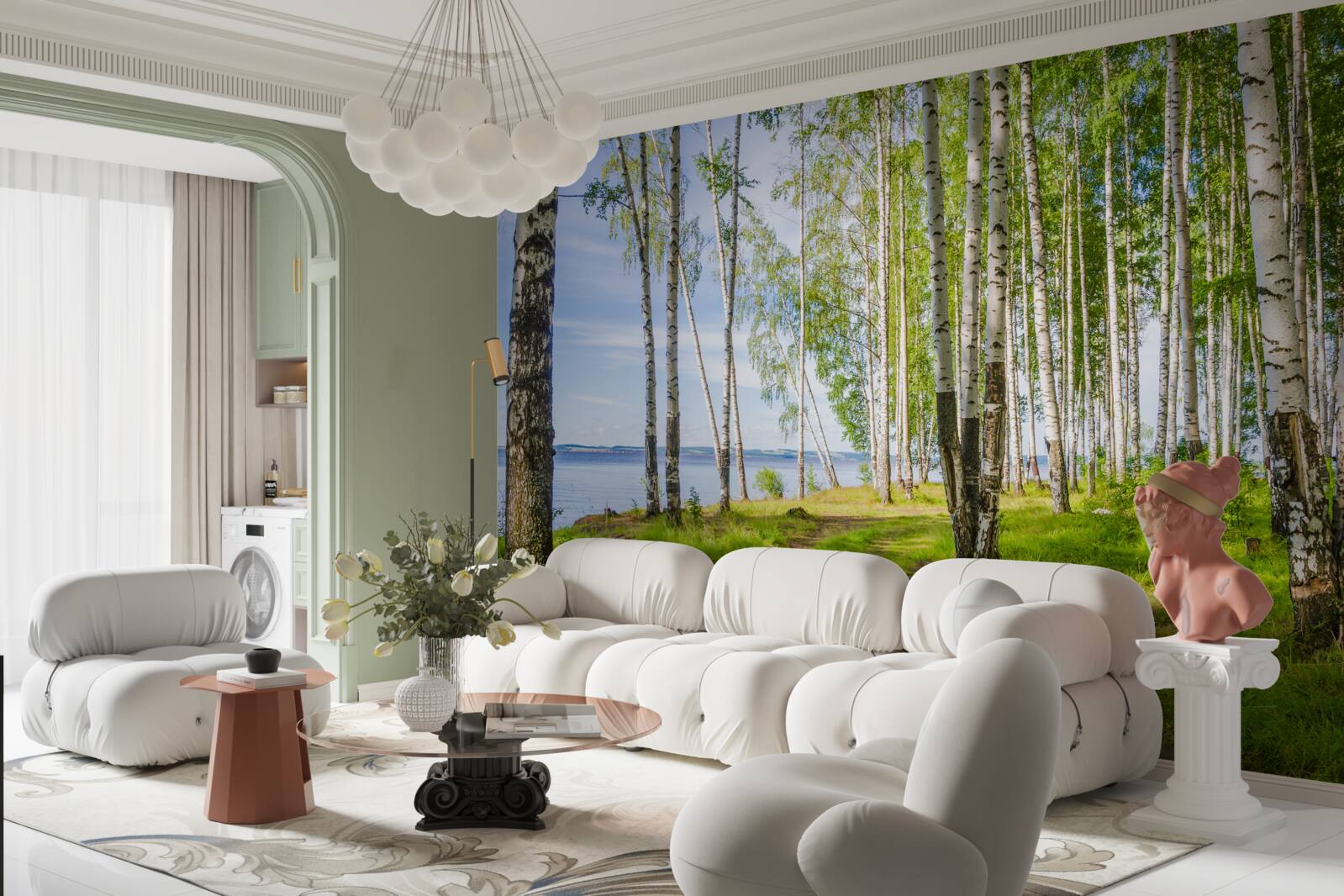 Fototapet poiană cu mesteceni lângă lac, înconjurată de verdeață