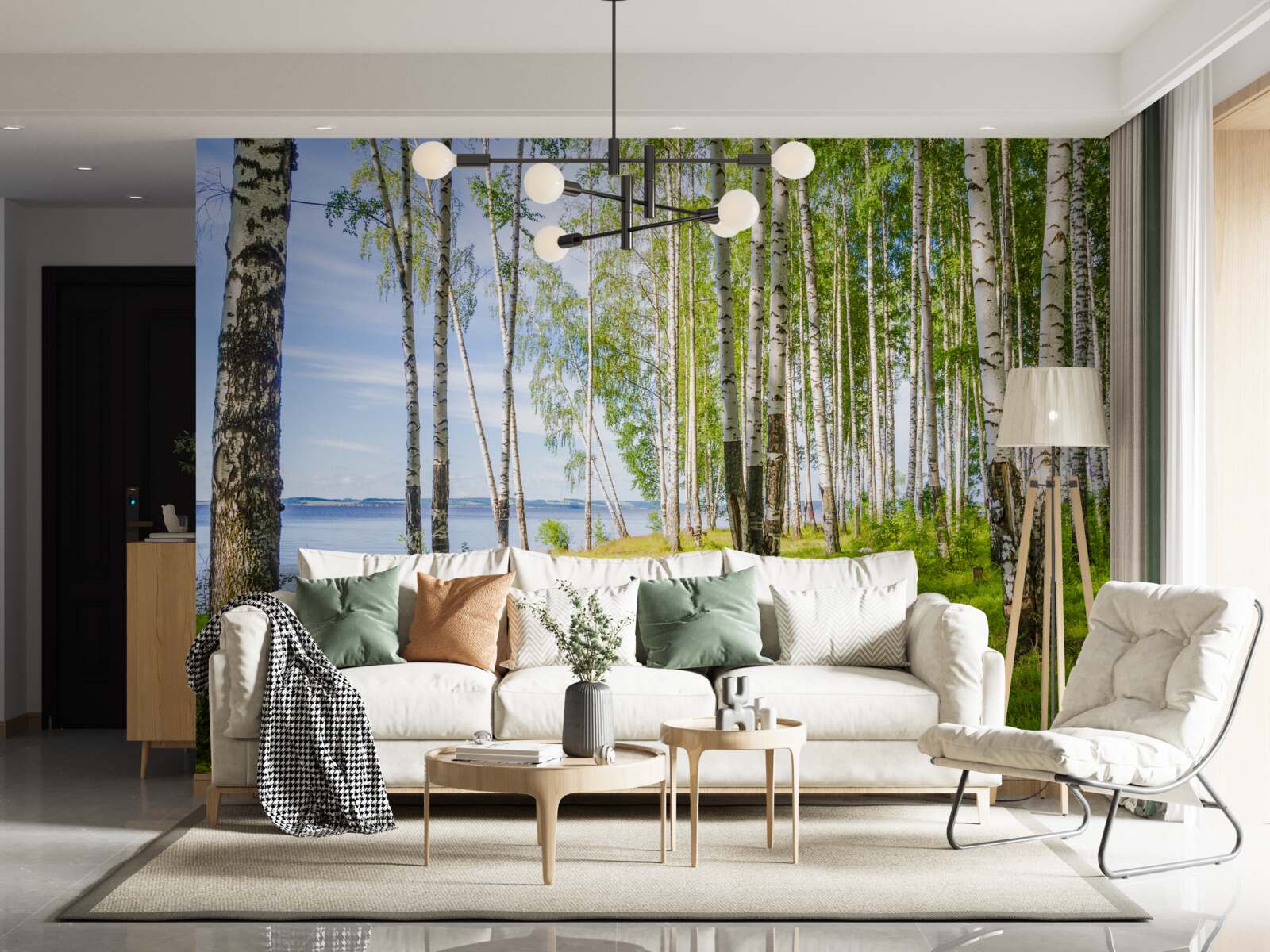 Fototapet poiană cu mesteceni lângă lac, înconjurată de verdeață