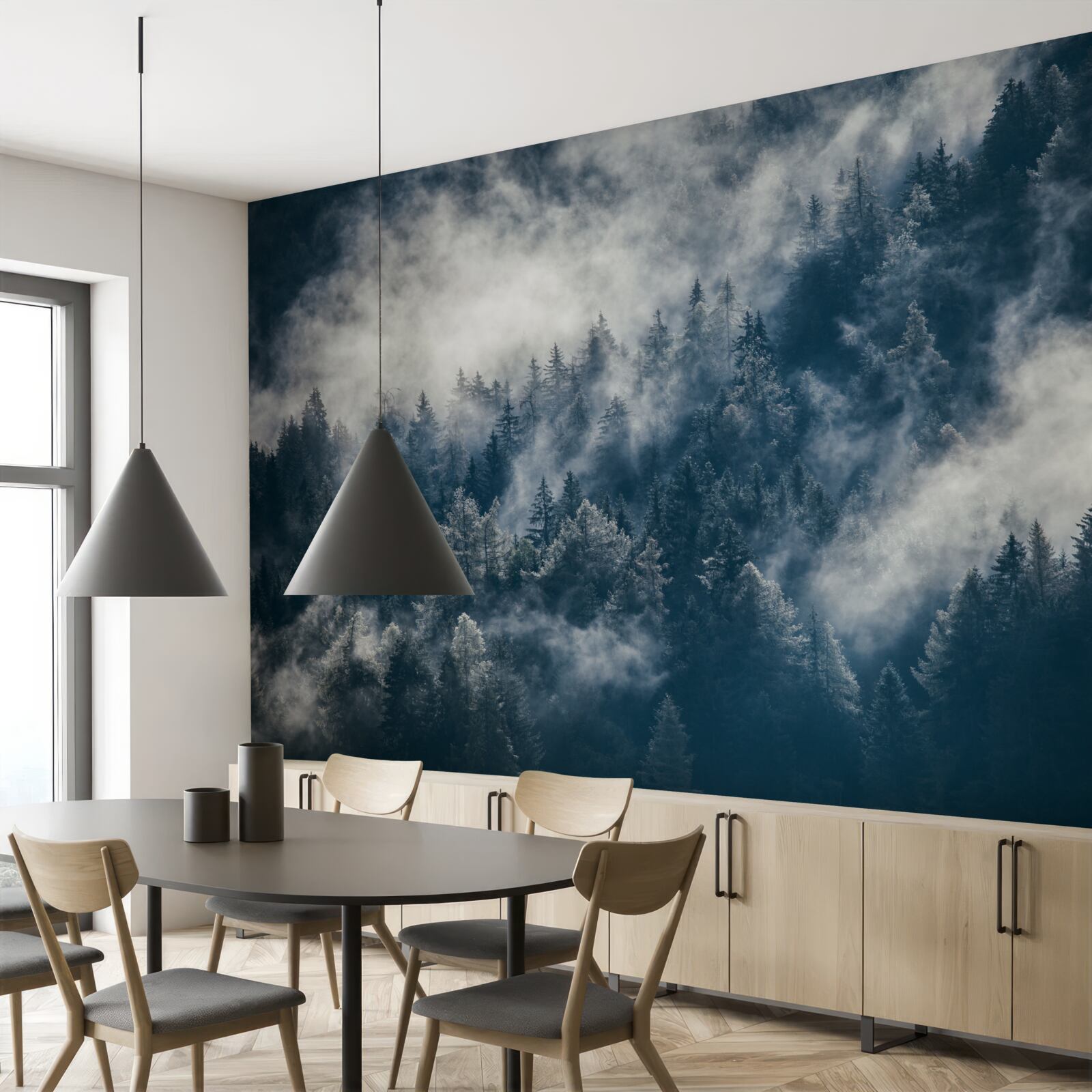 Fototapet o ceață densă învăluie pădurea noaptea