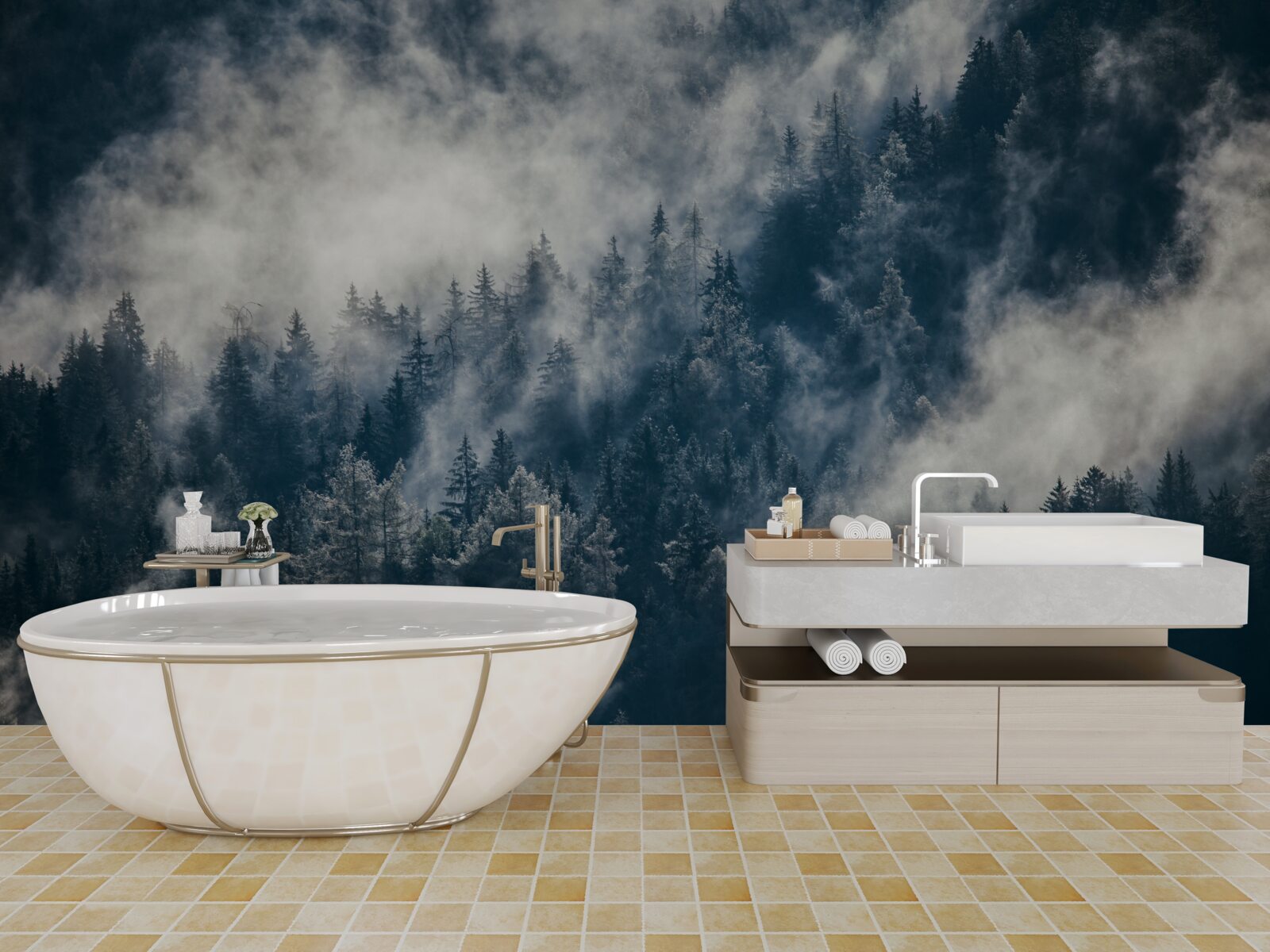 Fototapet o ceață densă învăluie pădurea noaptea