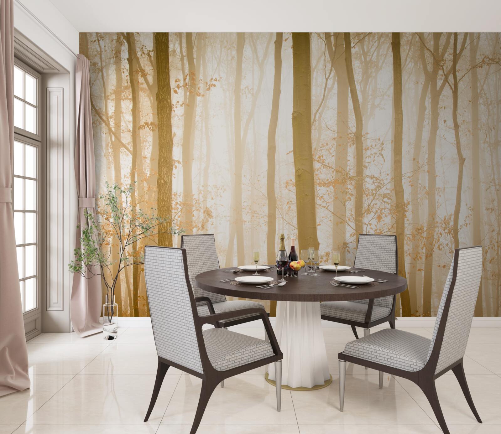 Fototapet razele soarelui pătrund prin ceață în pădurea deasă