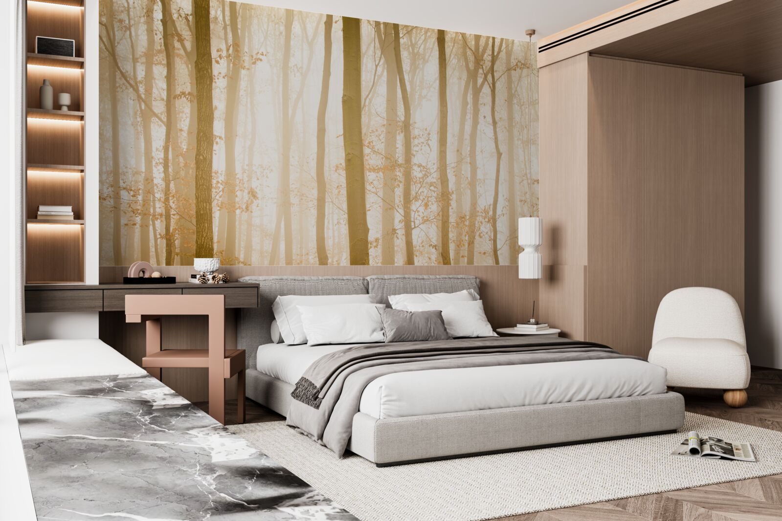 Fototapet razele soarelui pătrund prin ceață în pădurea deasă