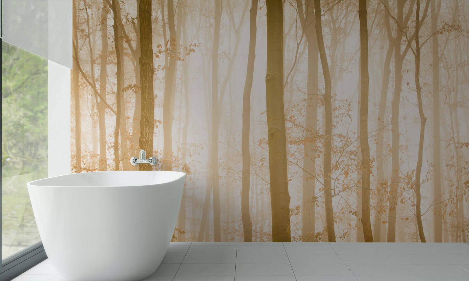 Fototapet razele soarelui pătrund prin ceață în pădurea deasă