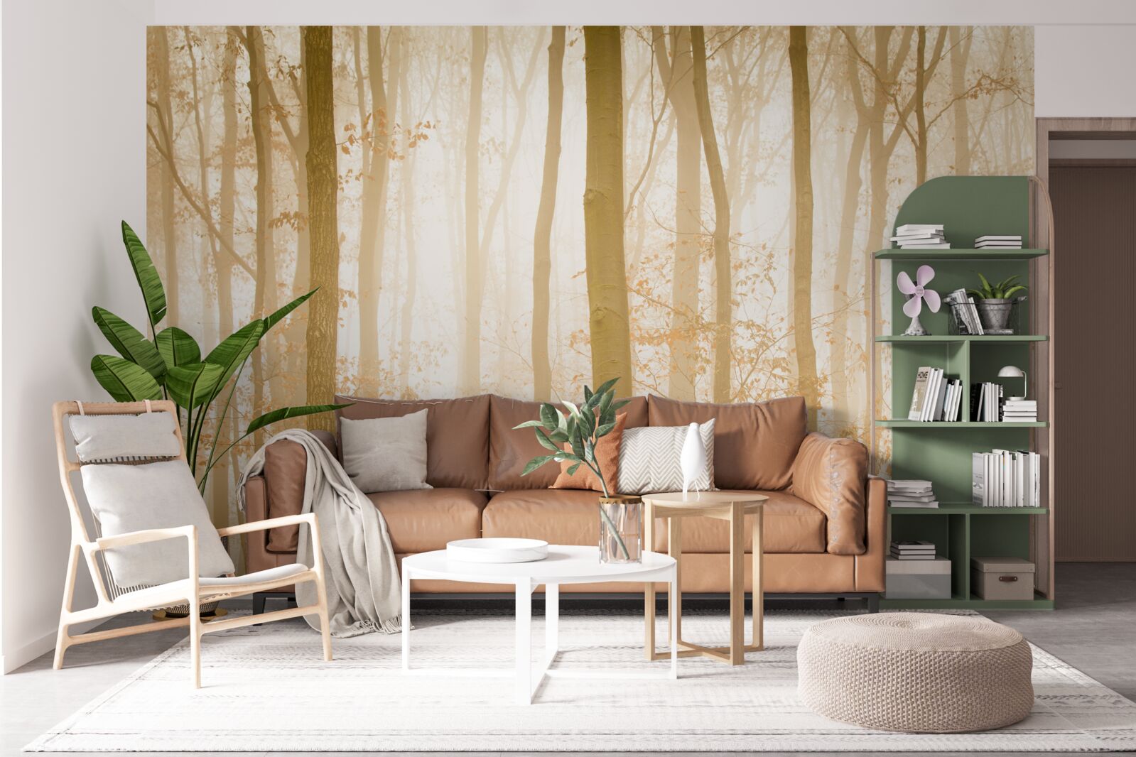 Fototapet razele soarelui pătrund prin ceață în pădurea deasă