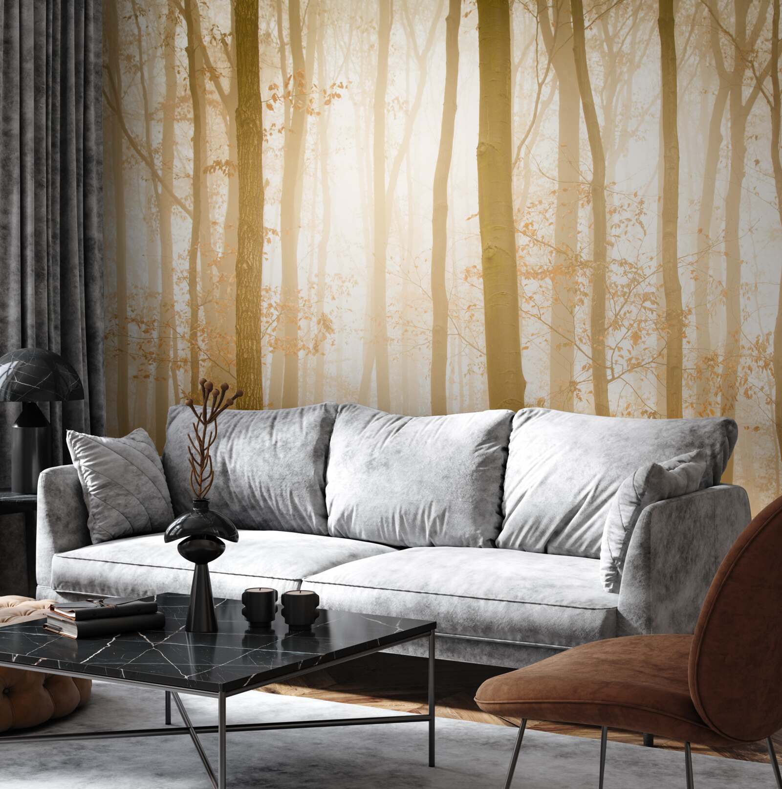 Fototapet razele soarelui pătrund prin ceață în pădurea deasă