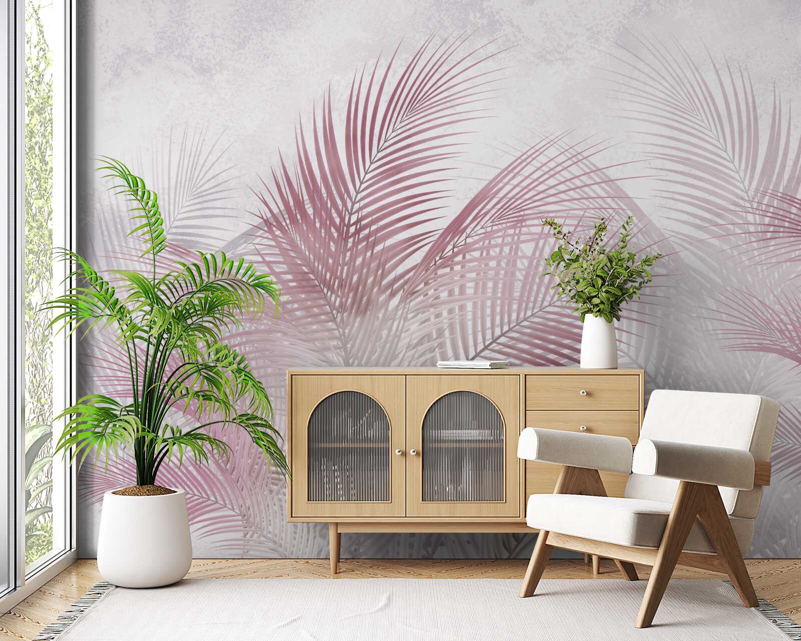 Fototapet frunze de palmier cețoase, roz