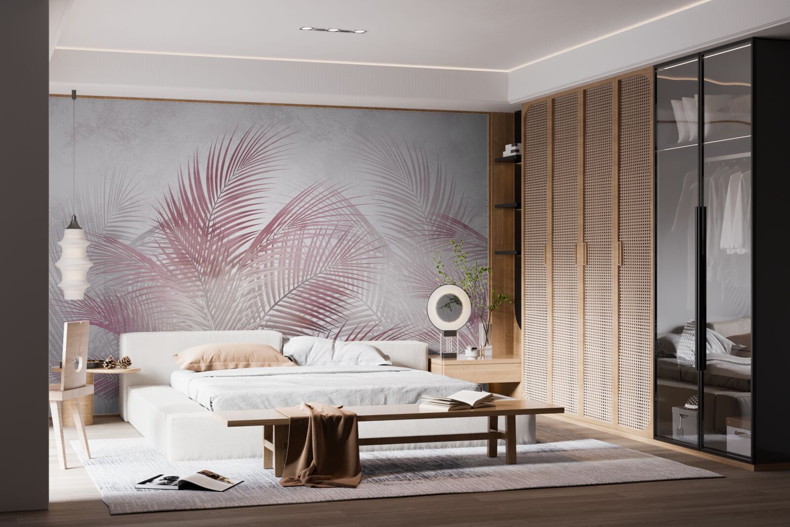 Fototapet frunze de palmier cețoase, roz