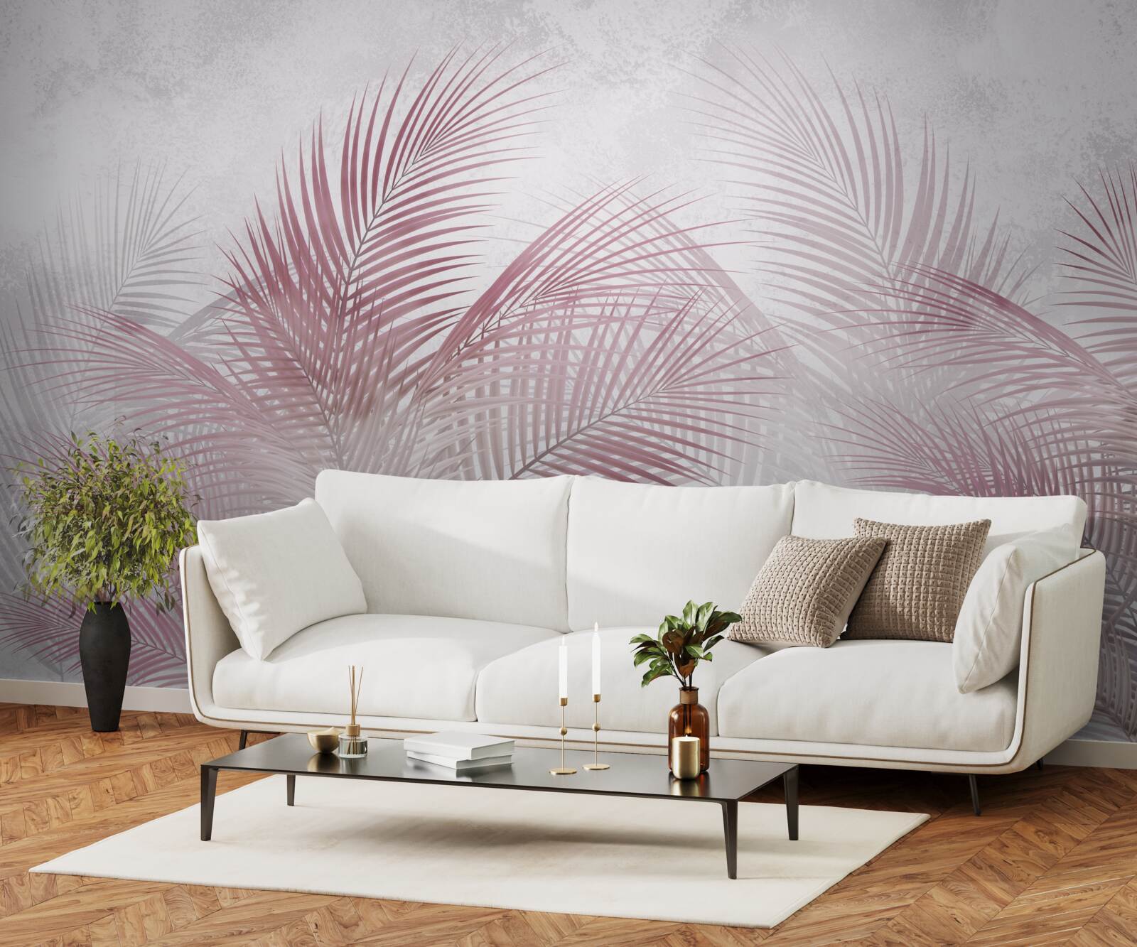 Fototapet frunze de palmier cețoase, roz