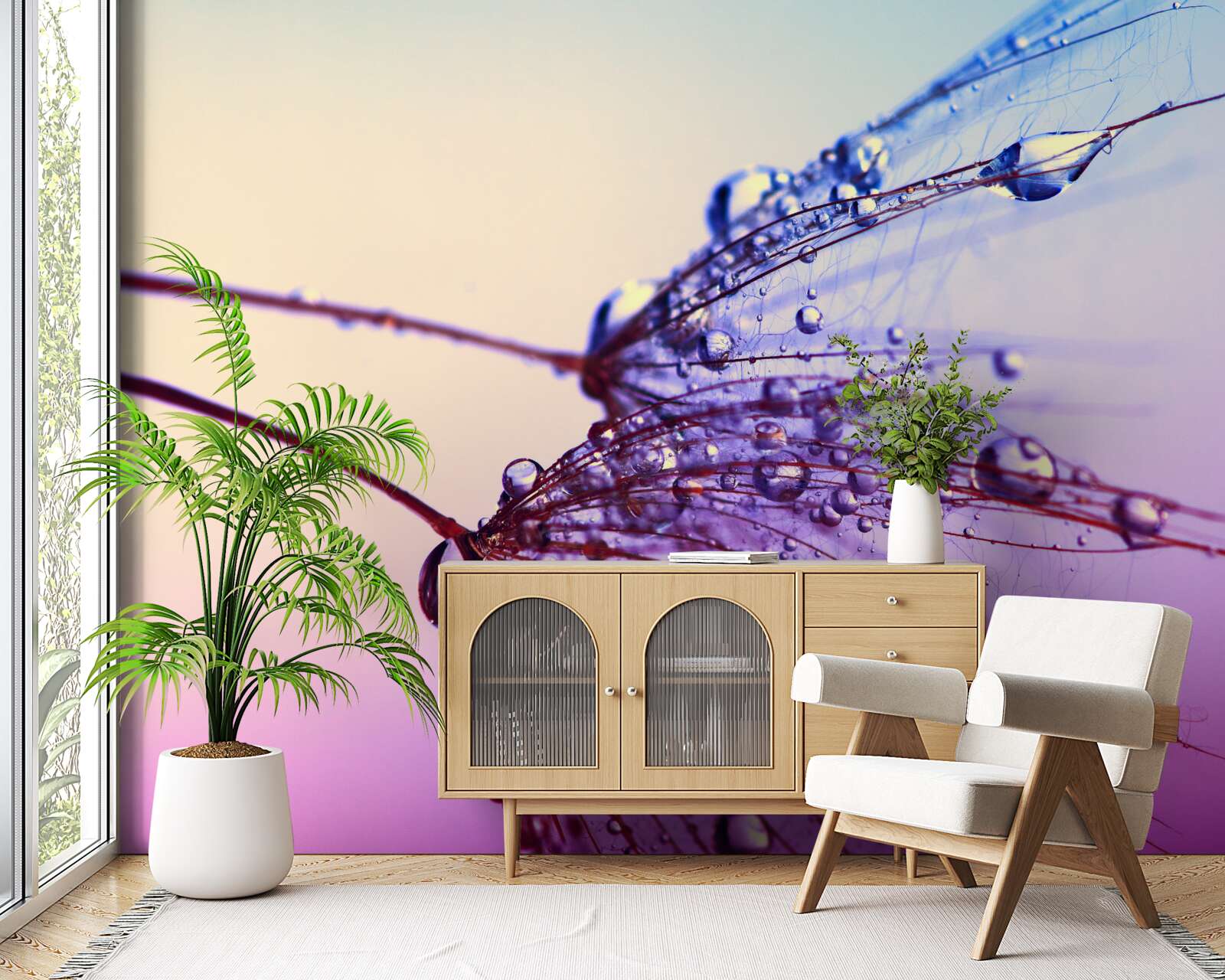 Fototapet la apus, picăturile de rouă decorează păpădia