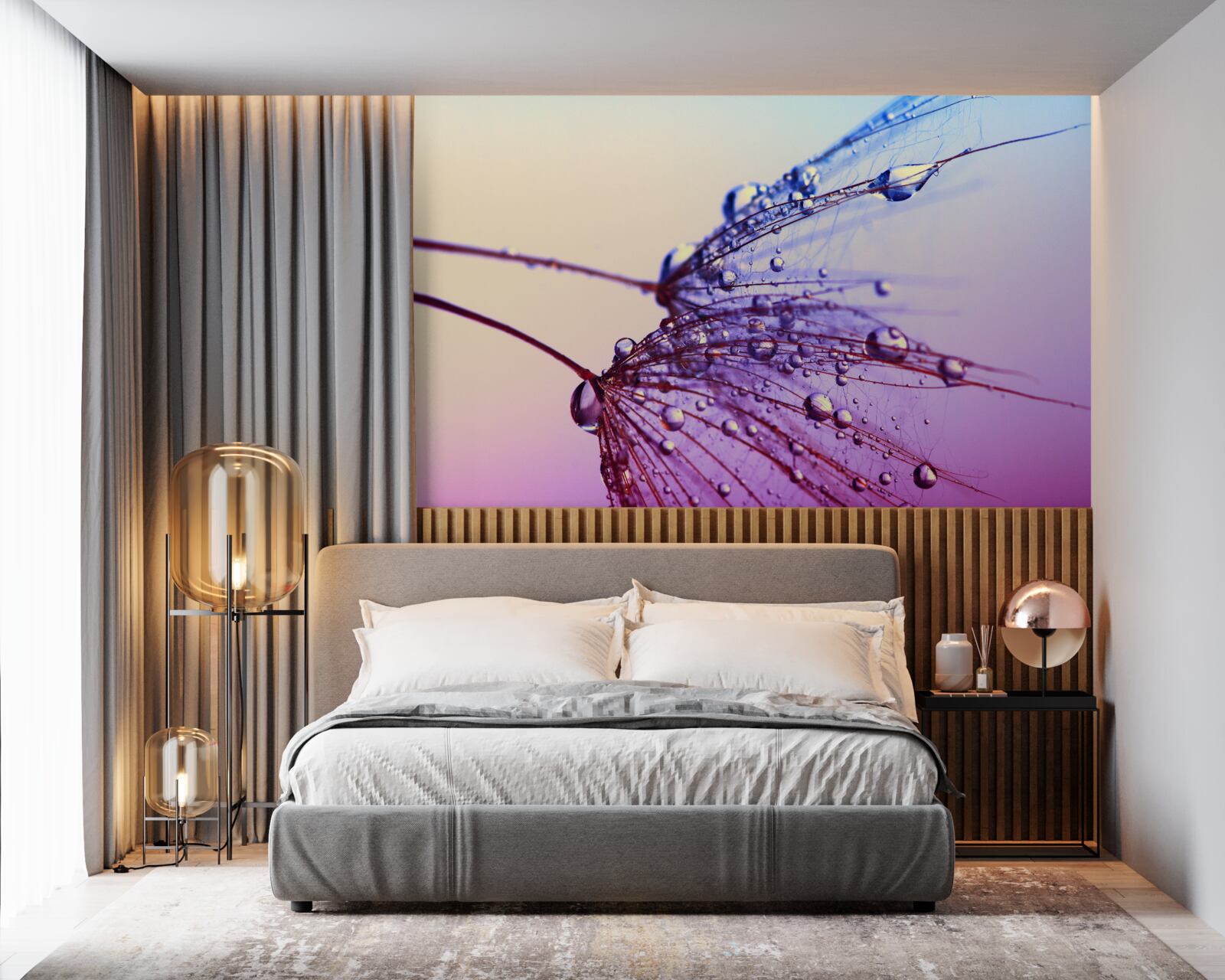 Fototapet la apus, picăturile de rouă decorează păpădia