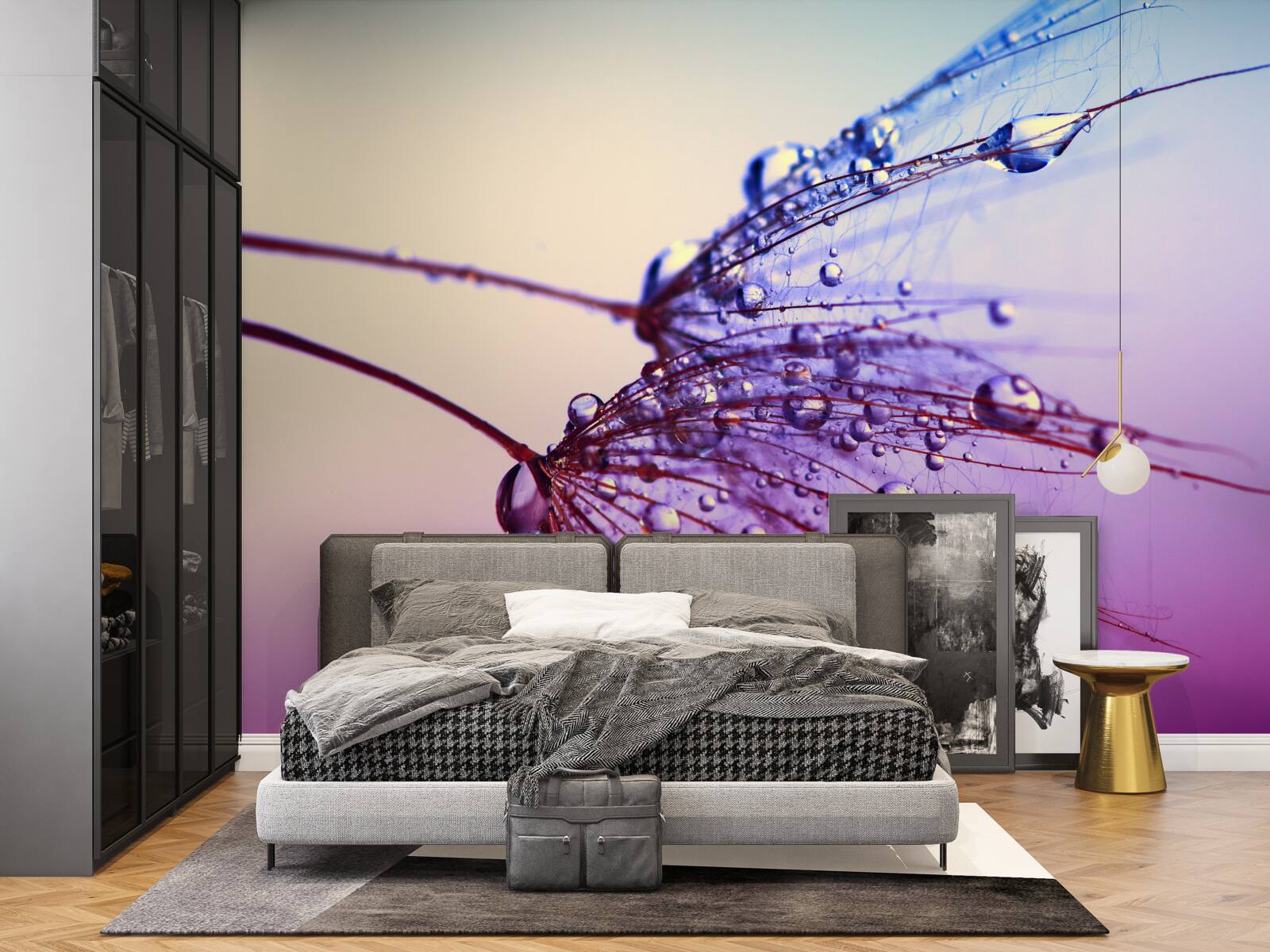 Fototapet la apus, picăturile de rouă decorează păpădia