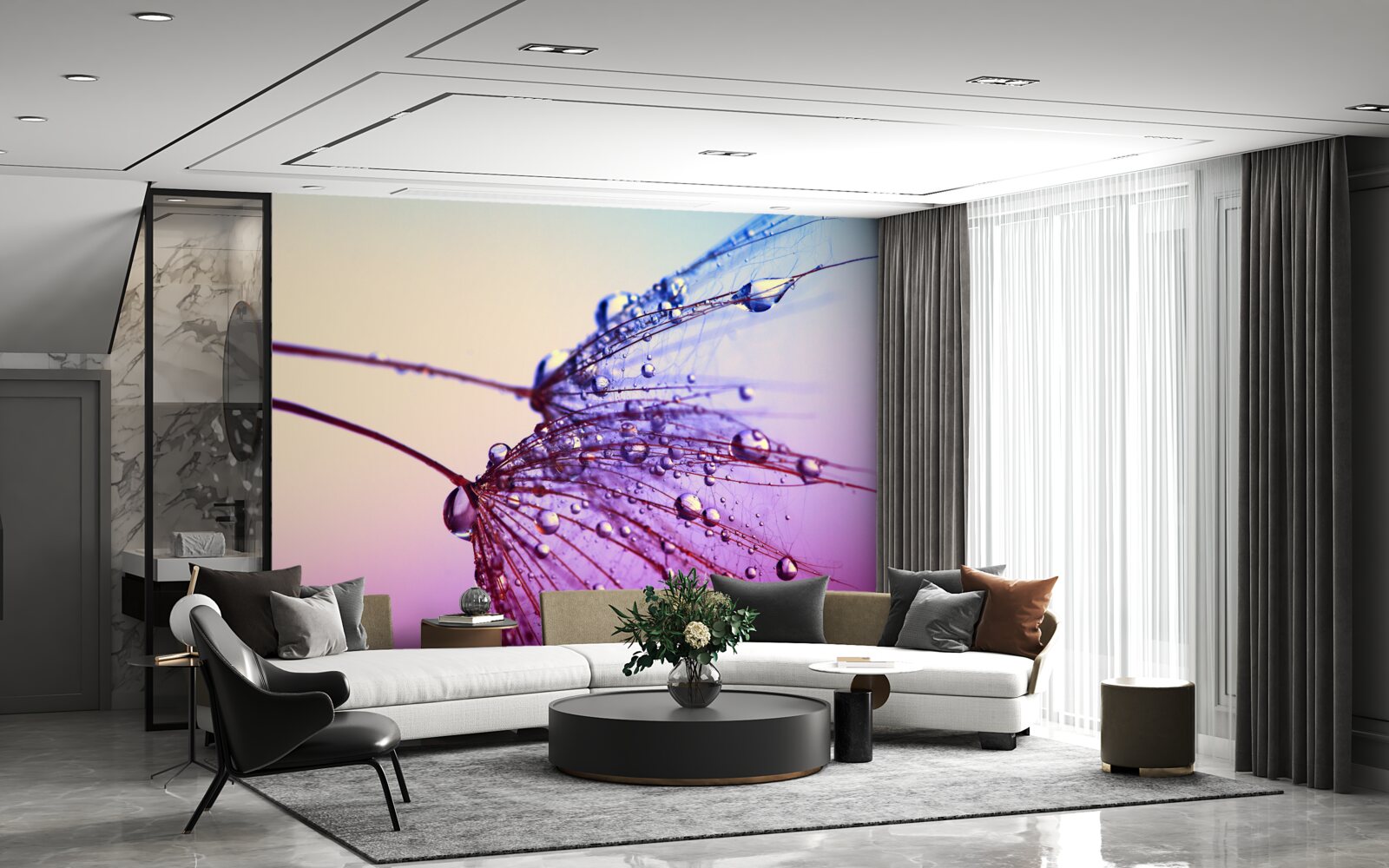 Fototapet la apus, picăturile de rouă decorează păpădia