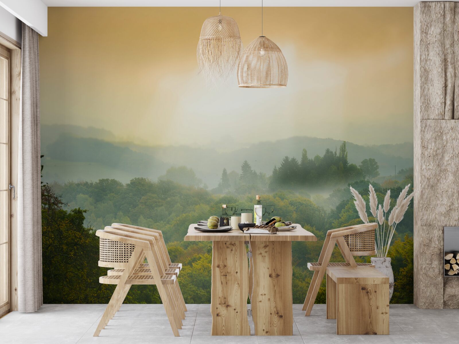 Fototapet Zorii răsar peste o pădure afumată