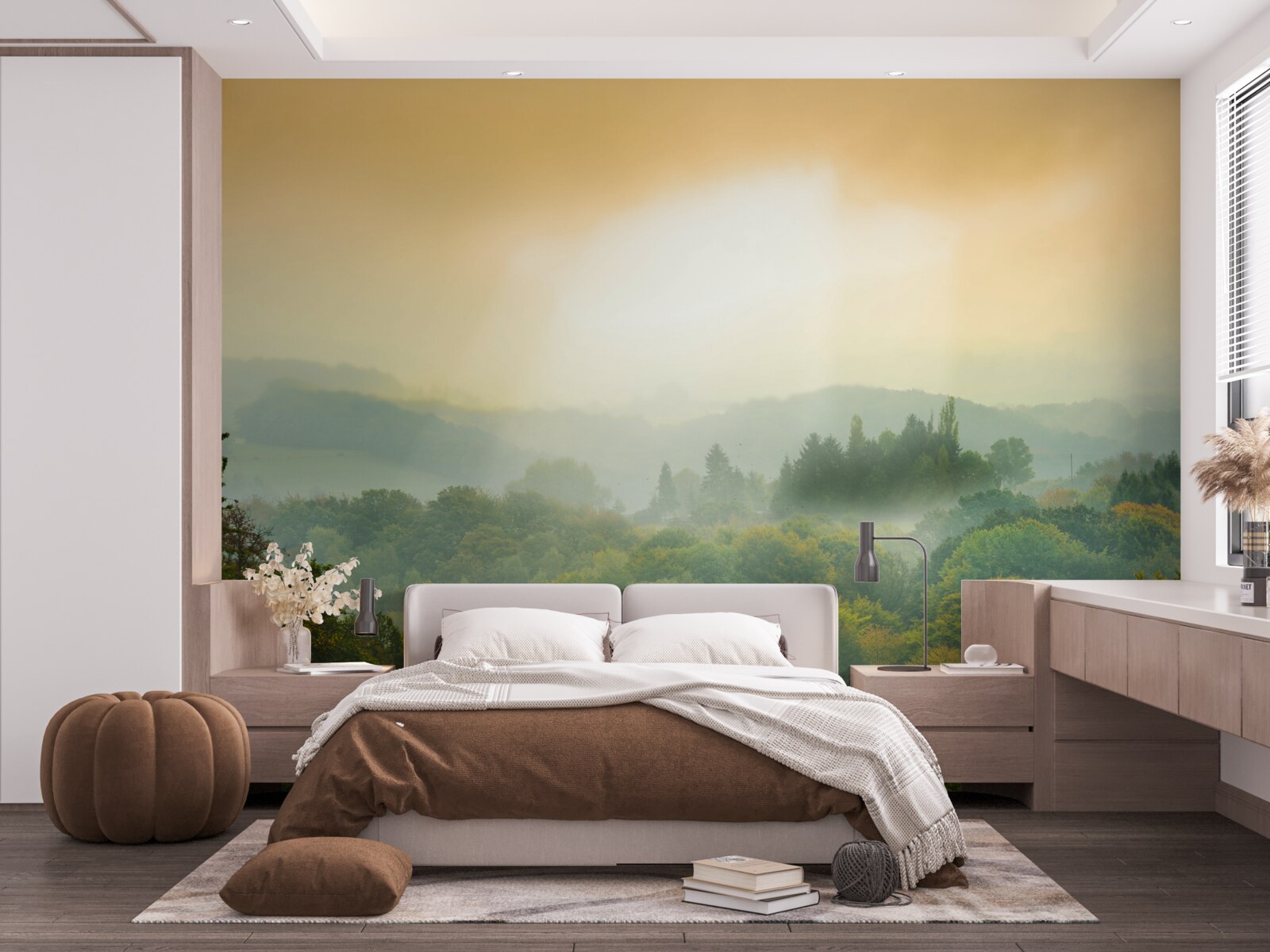 Fototapet Zorii răsar peste o pădure afumată