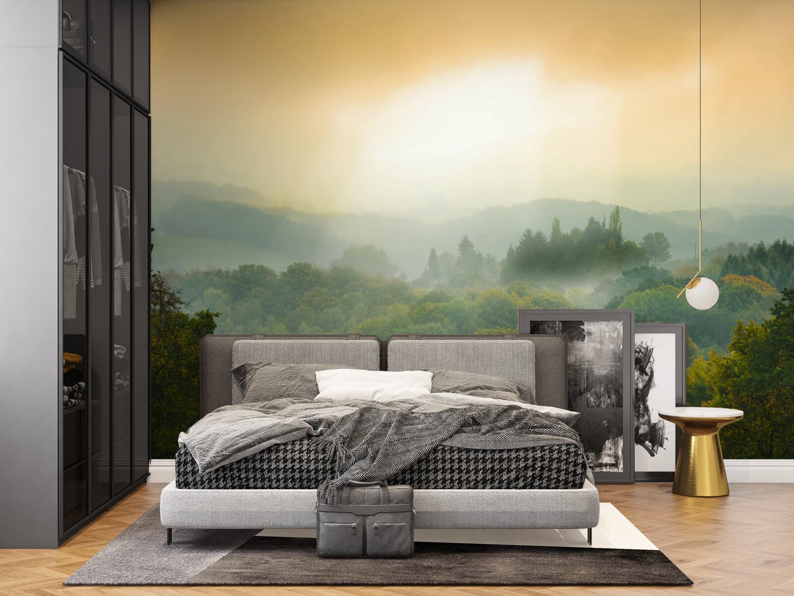 Fototapet Zorii răsar peste o pădure afumată