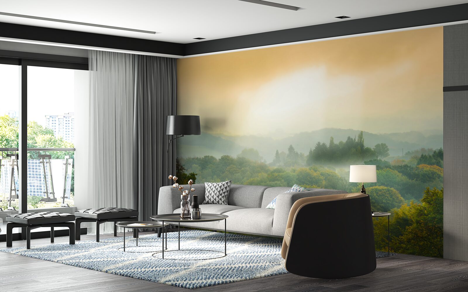 Fototapet Zorii răsar peste o pădure afumată