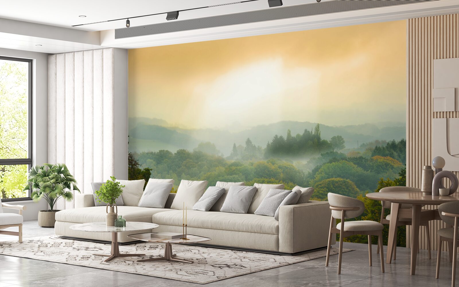 Fototapet Zorii răsar peste o pădure afumată