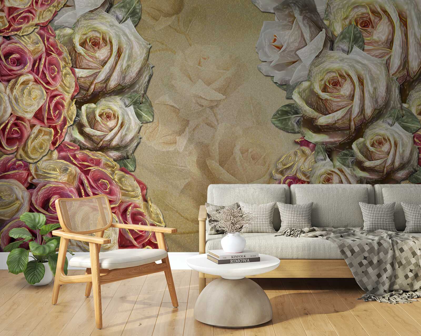 Fototapet compoziția de epocă combină trandafiri albi și roșii