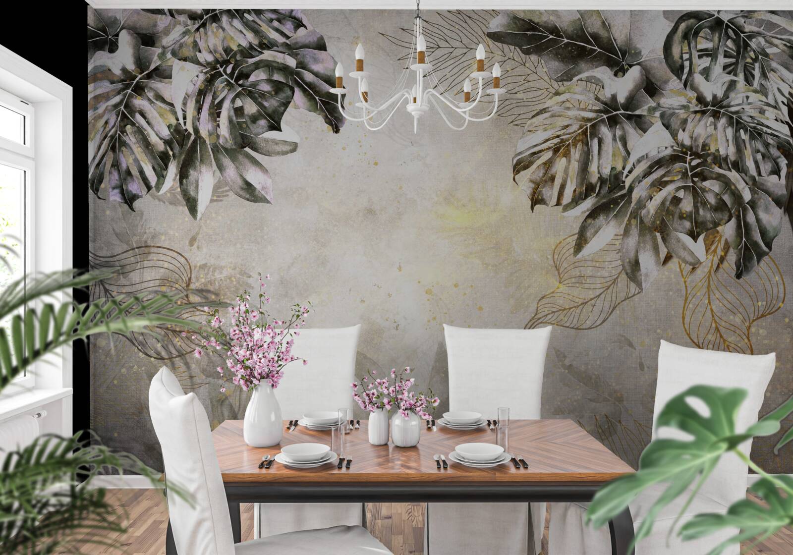 Fototapet compoziția de toamnă include frunze mari de monstera